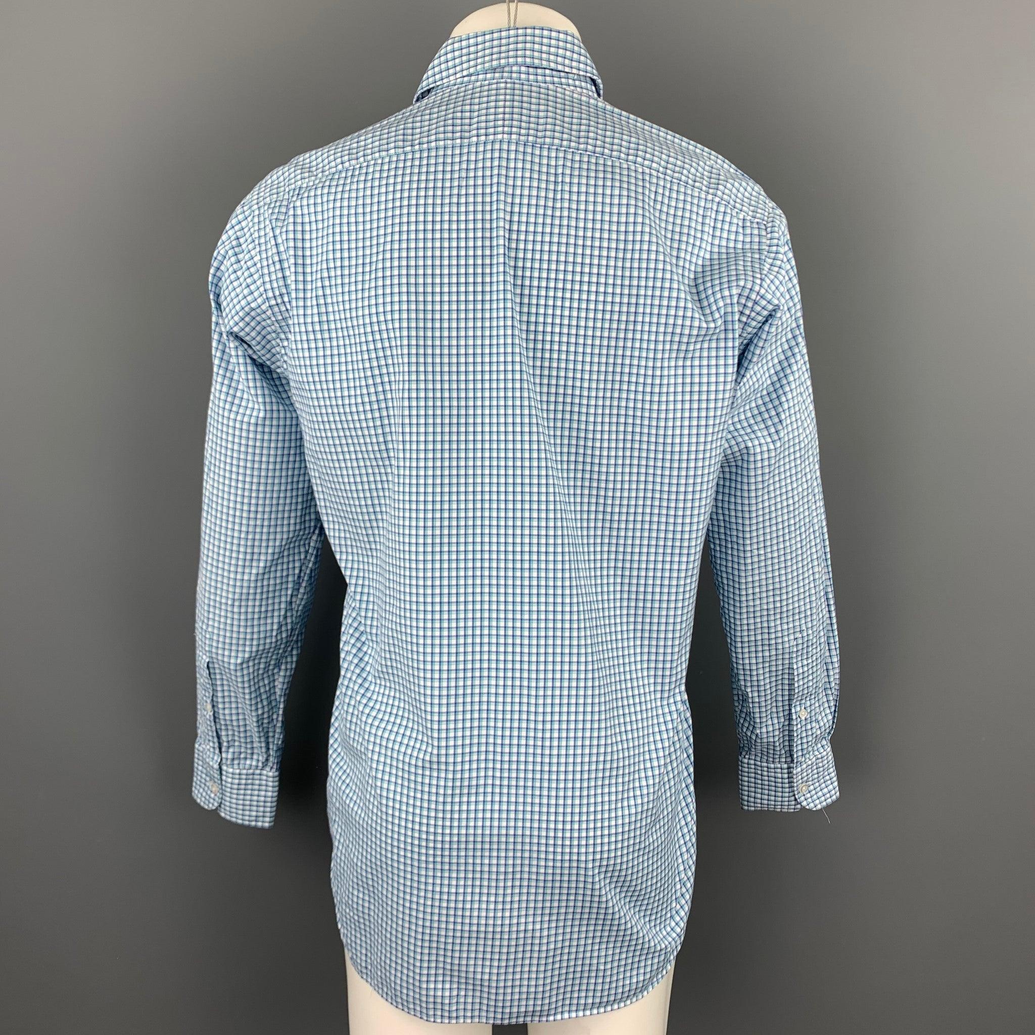 HAMILTON Size S Blue & Green Gingham Cotton Spread Collar Long Sleeve Shirt In Good Condition For Sale In San Francisco, CA