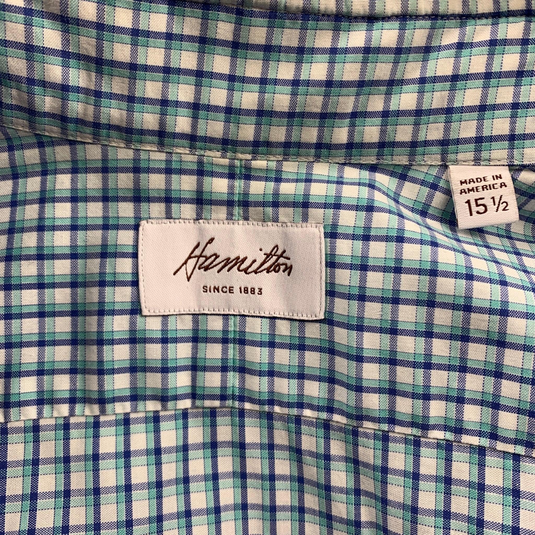 HAMILTON Größe S Blaues & grünes Langarmhemd aus Baumwolle mit gesprenkeltem Kragen aus Gingham Herren im Angebot