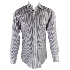 Hamilton Size S White Navy Stripe Cotton Spread Collar Long Sleeve Shirt (Chemise à manches longues en coton à rayures)