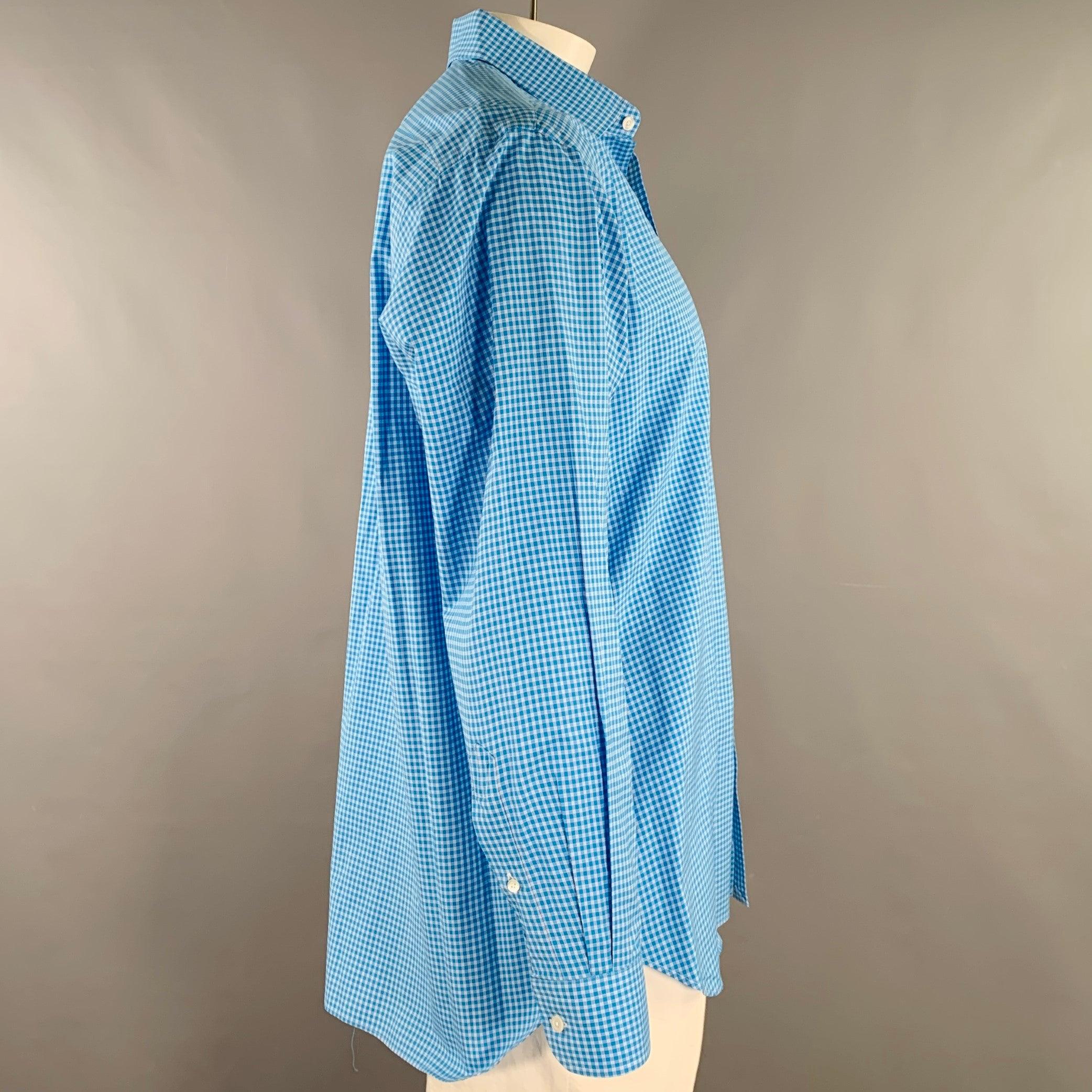 HAMILTON long sleeve shirt
in an aqua blue cotton woven fabric featuring a checkered pattern, curved cutaway collar, and button closure. Made in USA.Excellent Pre-Owned Condition. 

Marked:   17 

Measurements: 
 
Shoulder: 19 inches Chest: 50