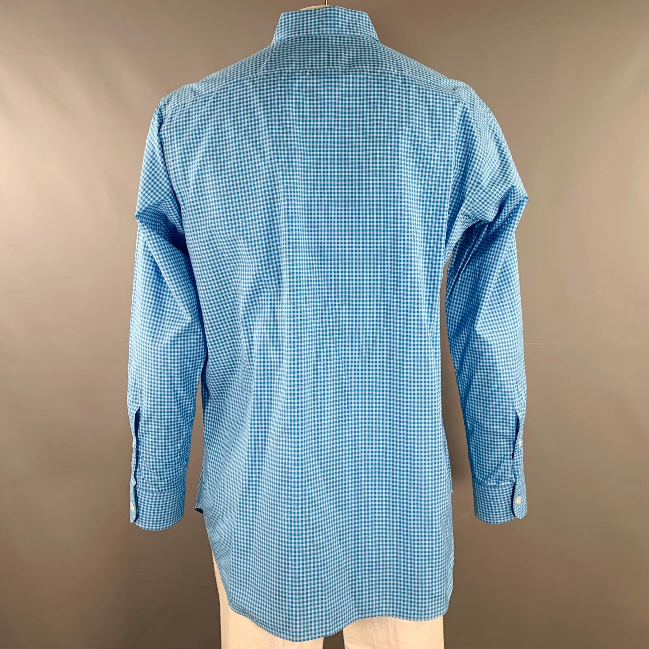 HAMILTON Size XXL Blue Aqua Checkered Cotton Curved Cutaway Long Sleeve Shirt In Excellent Condition For Sale In San Francisco, CA