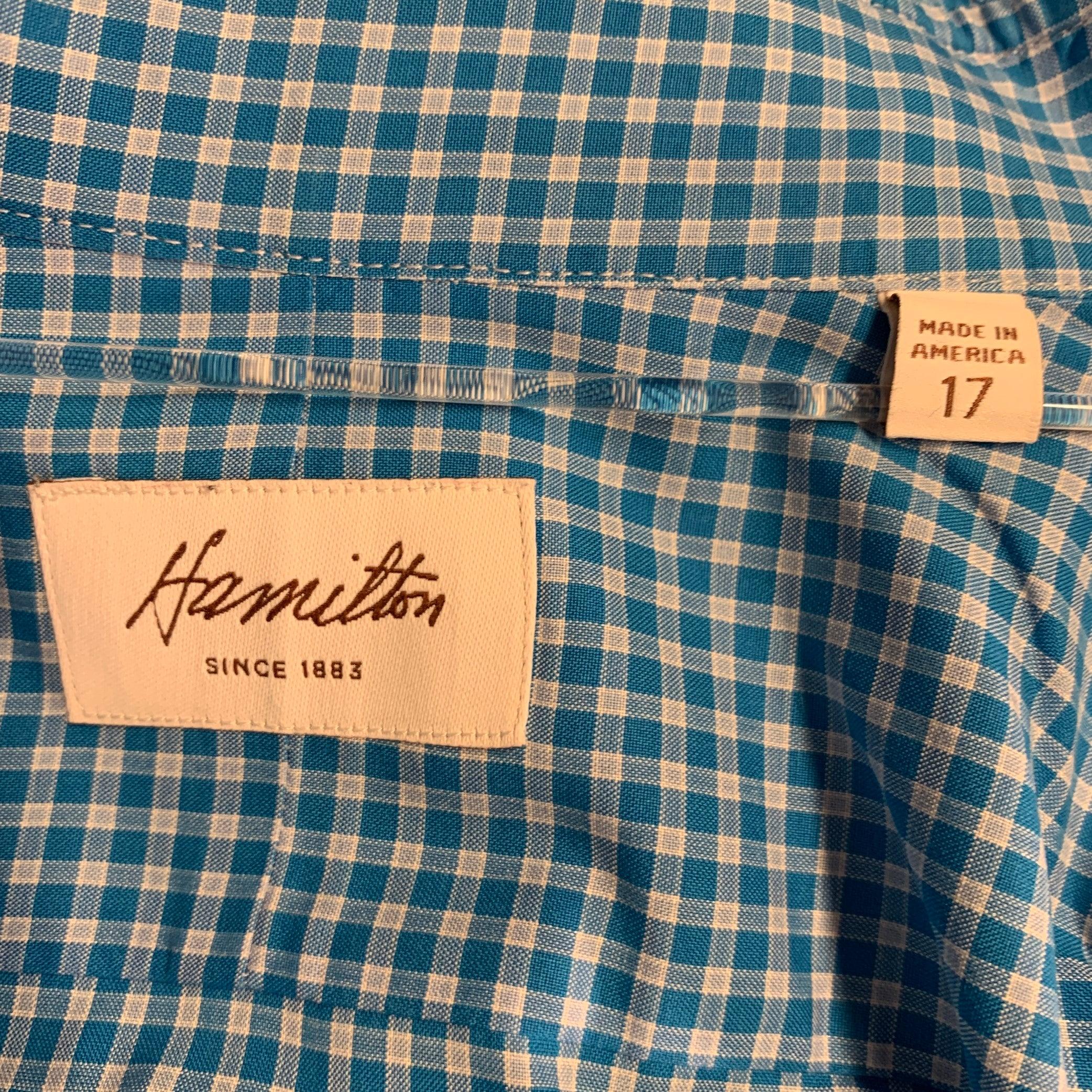 Men's HAMILTON Size XXL Blue Aqua Checkered Cotton Curved Cutaway Long Sleeve Shirt For Sale