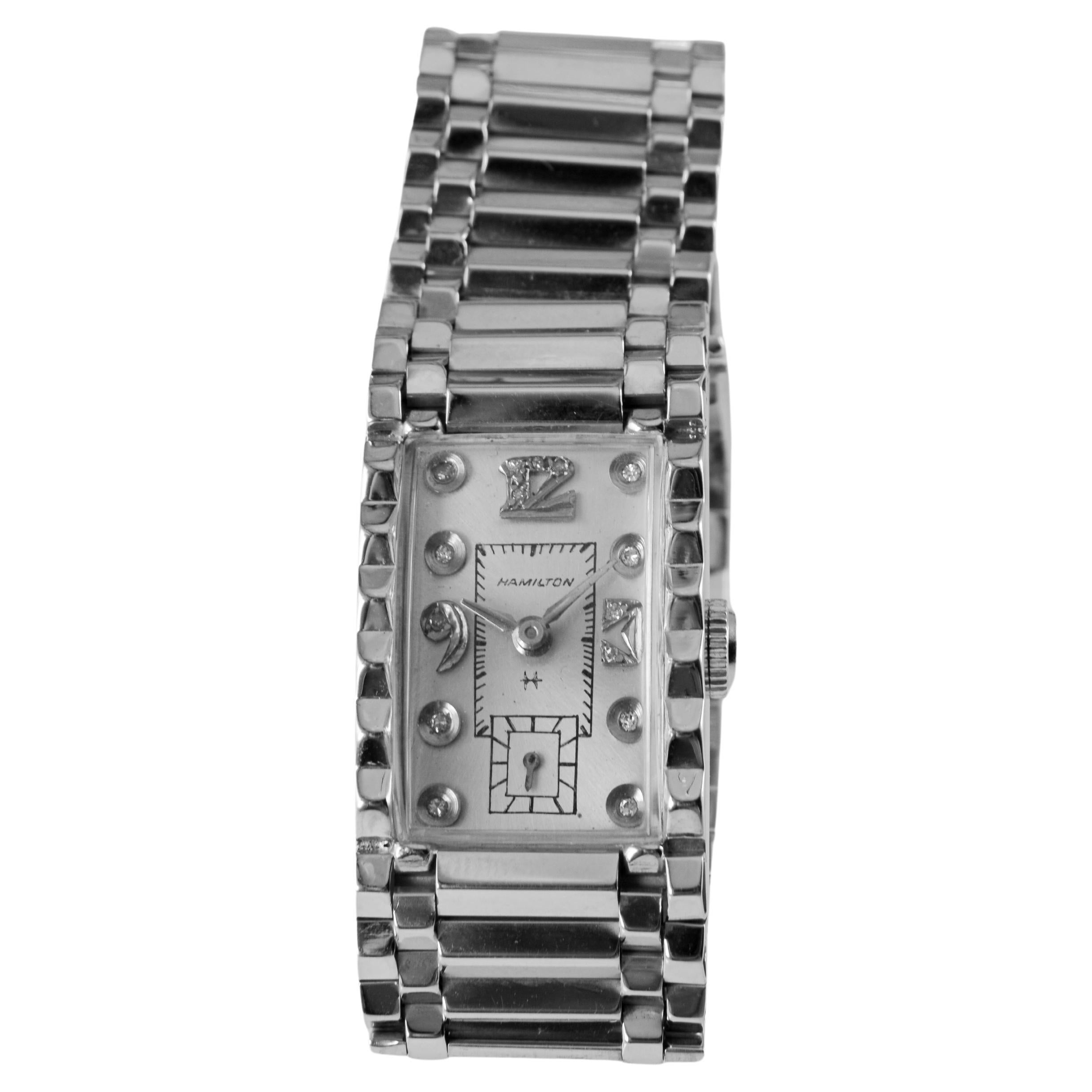 Hamilton Solid 14 Karat White Gold Art Deco Bracelet Watch, circa 1940s For Sale 6
