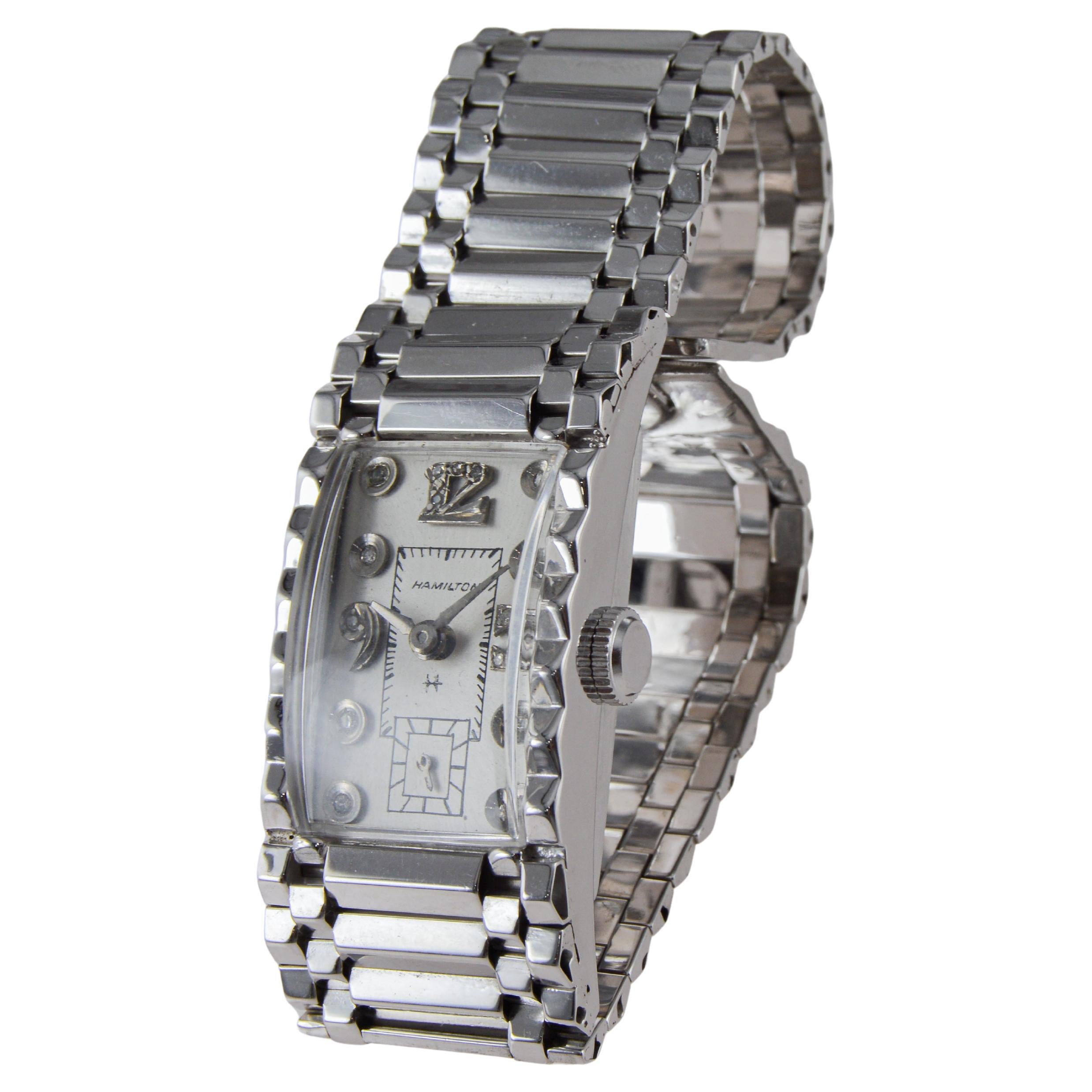 Hamilton Solid 14 Karat White Gold Art Deco Bracelet Watch, circa 1940s For Sale 7