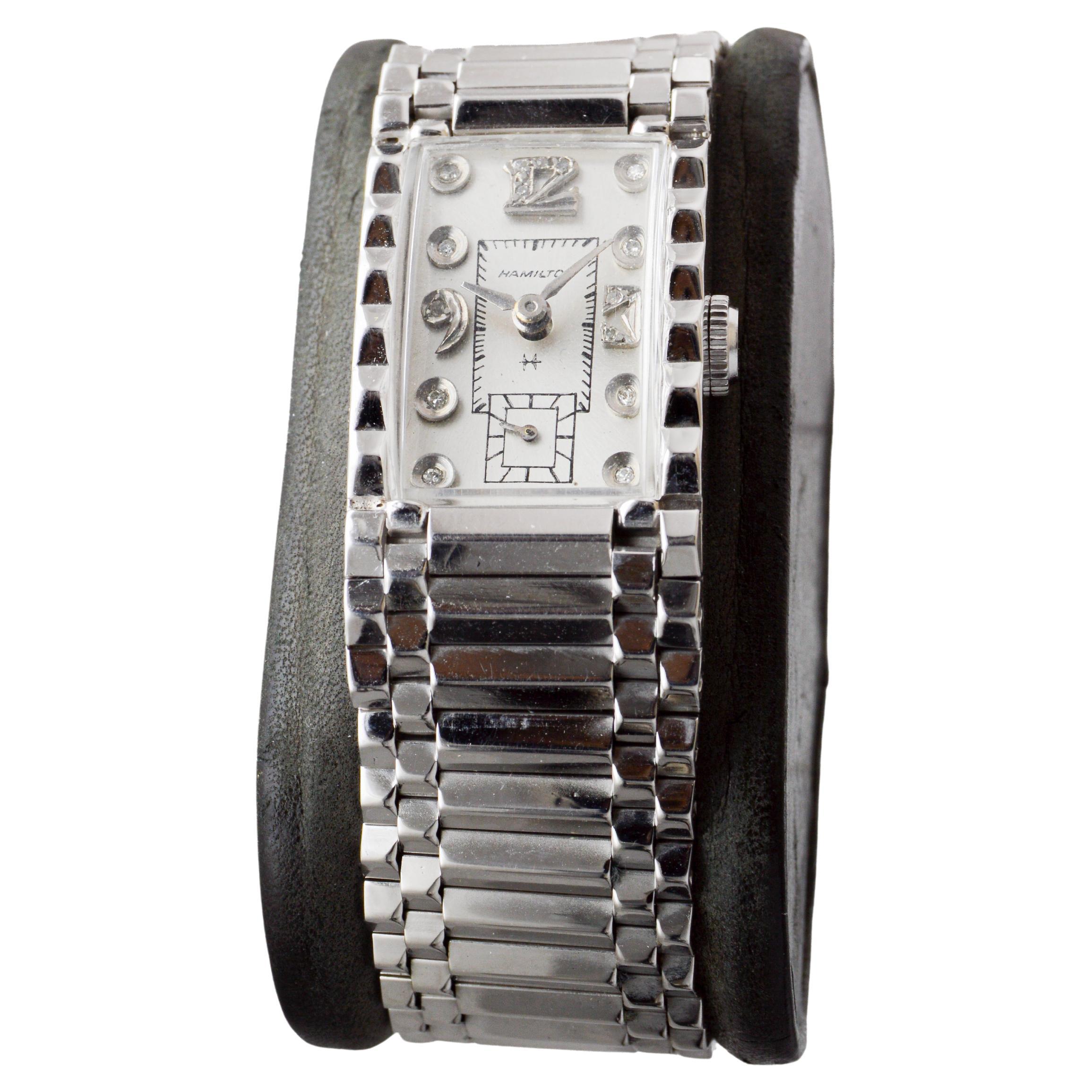 Hamilton Solid 14 Karat White Gold Art Deco Bracelet Watch, circa 1940s For Sale 1