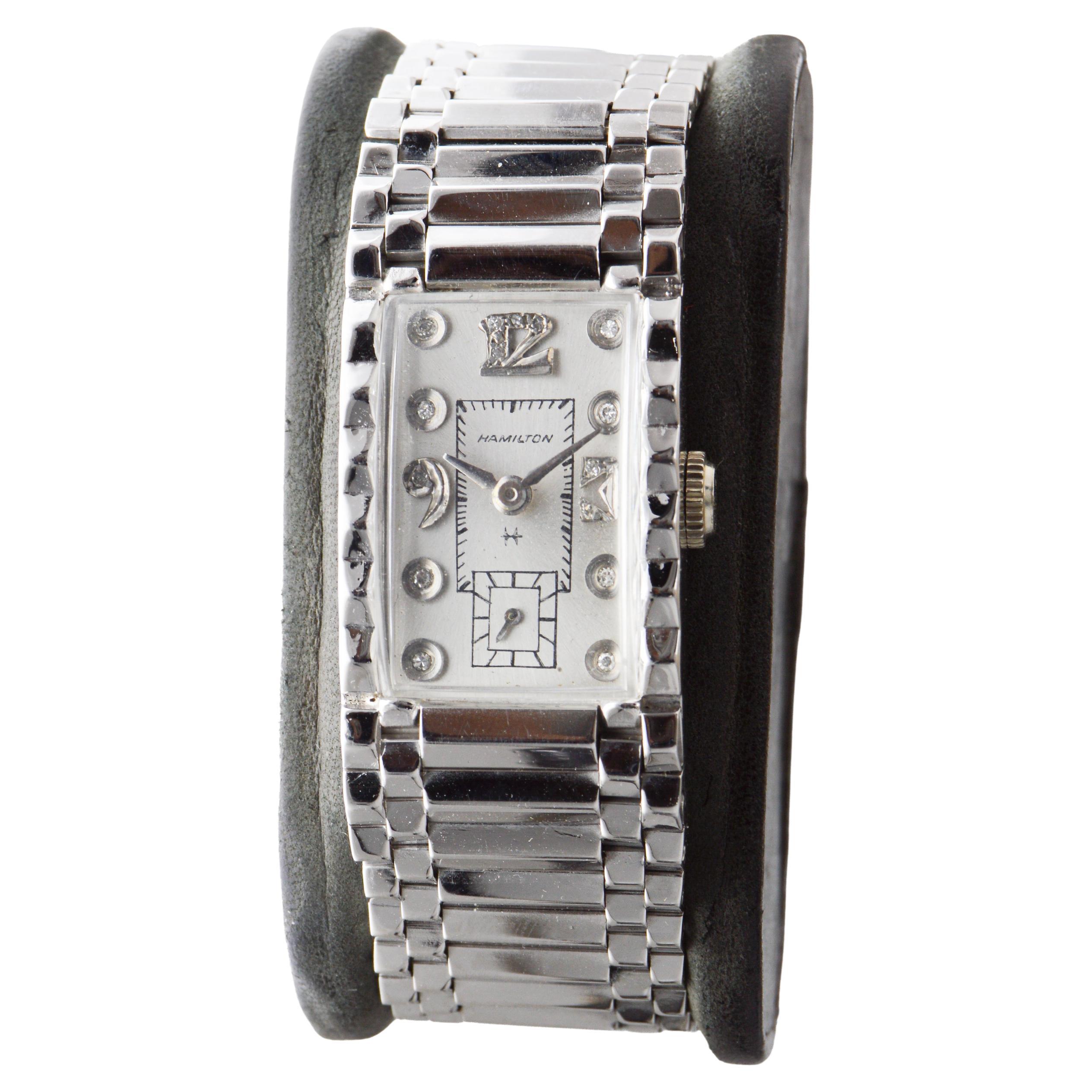 Hamilton Solid 14 Karat White Gold Art Deco Bracelet Watch, circa 1940s For Sale 2