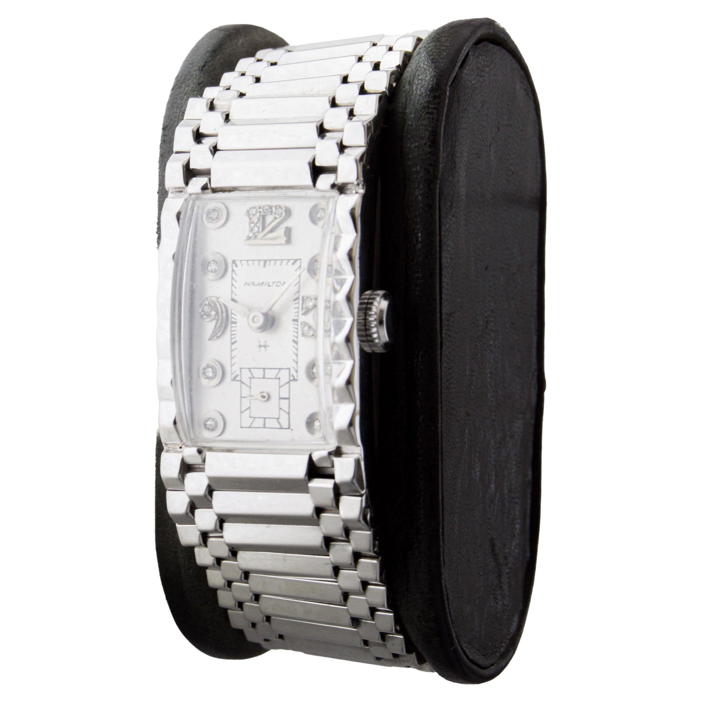 Hamilton Solid 14 Karat White Gold Art Deco Bracelet Watch, circa 1940s For Sale 3