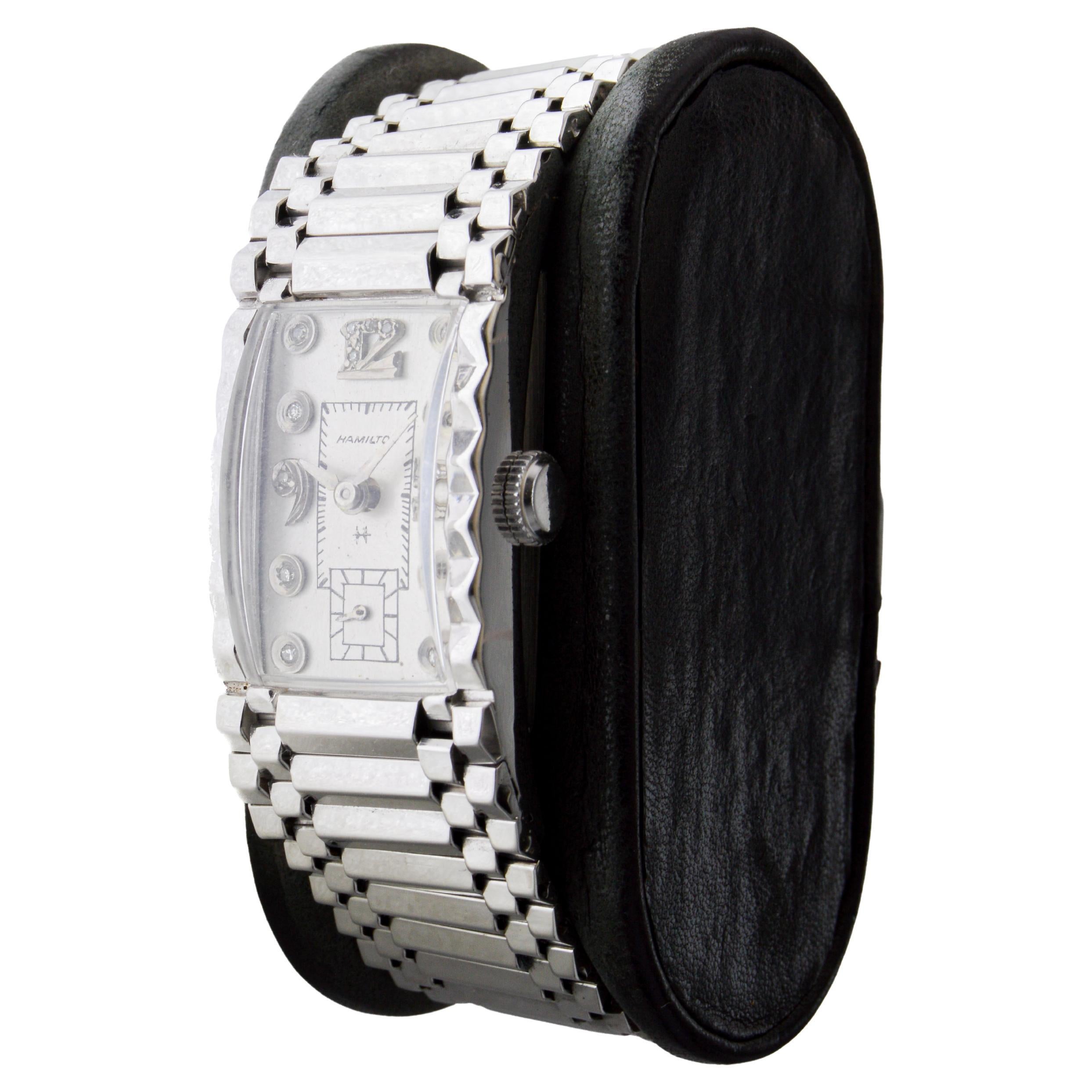Hamilton Solid 14 Karat White Gold Art Deco Bracelet Watch, circa 1940s For Sale 4
