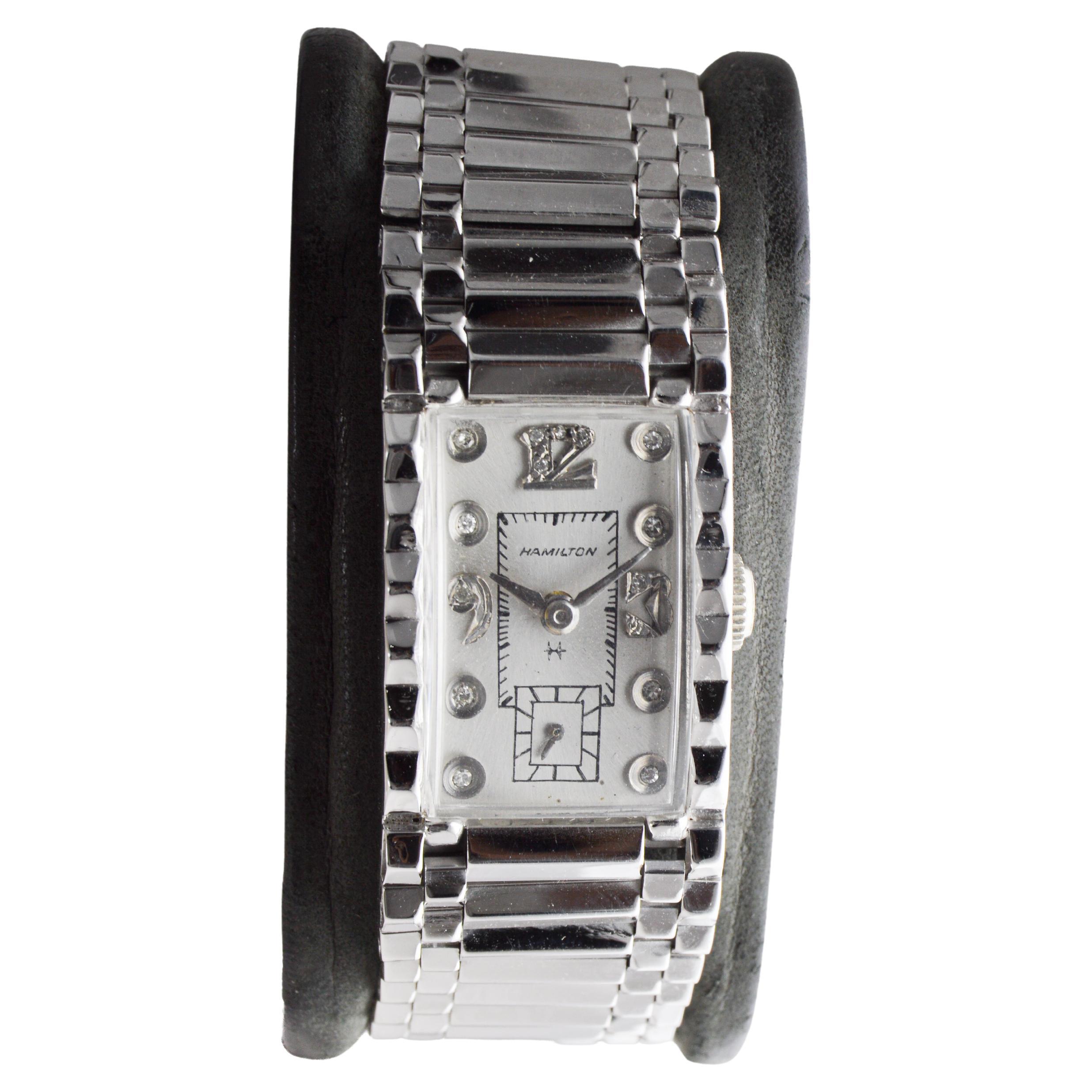 Hamilton Solid 14 Karat White Gold Art Deco Bracelet Watch, circa 1940s For Sale
