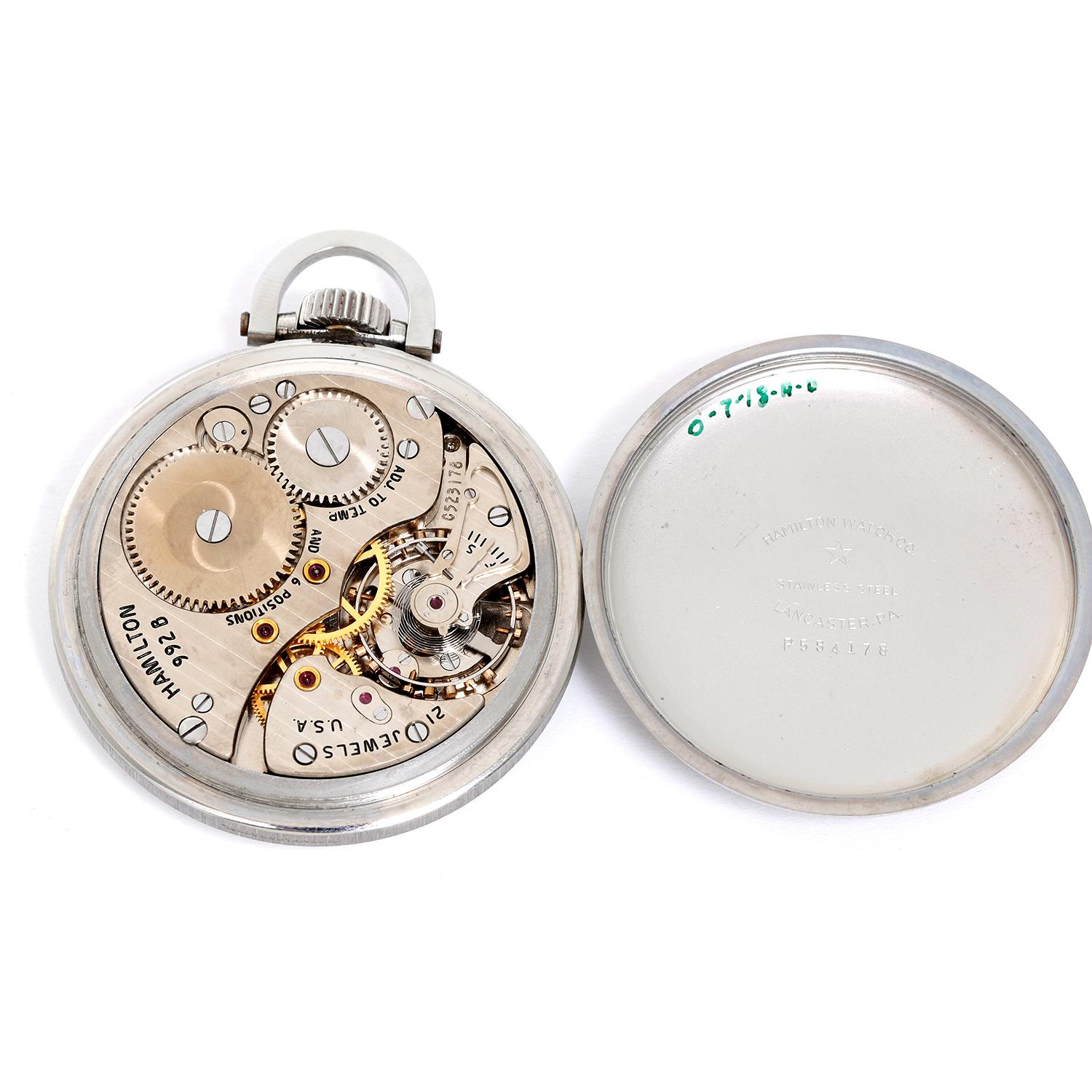 Hamilton Stainless Steel Railway Special Pocket Watch - Manual winding; 21 jewels. Stainless steel case (50mm). White enamel Hamilton double sunk Montgomery dial, features ornate black Arabic hour numerals and block minute numerals. The dial is