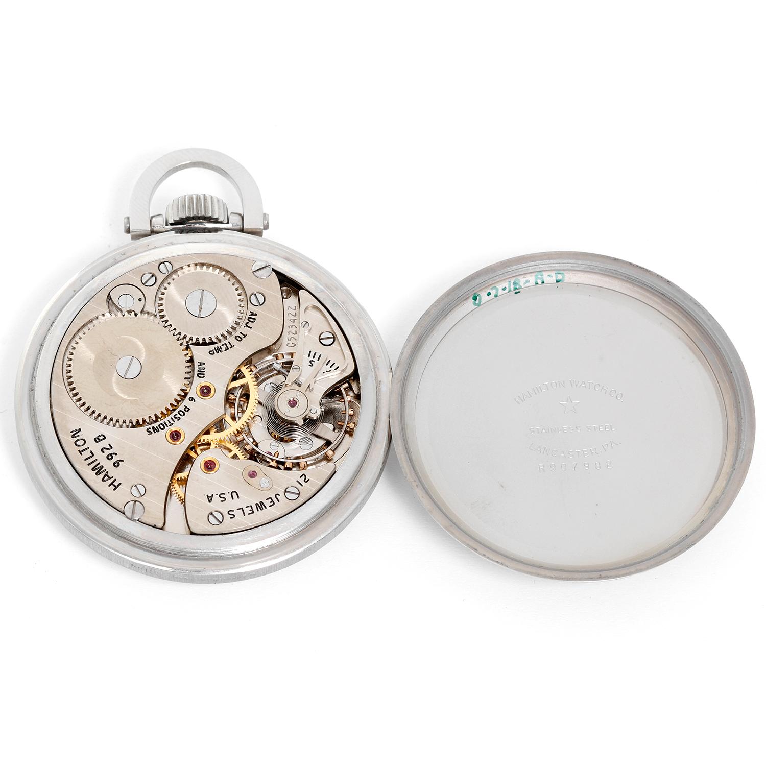 Hamilton Stainless Steel Railway Special Pocket Watch - Manual winding; 21 jewels. Stainless steel case (50mm). White enamel Hamilton double sunk Montgomery dial, features ornate black Arabic hour numerals and block minute numerals. The dial is