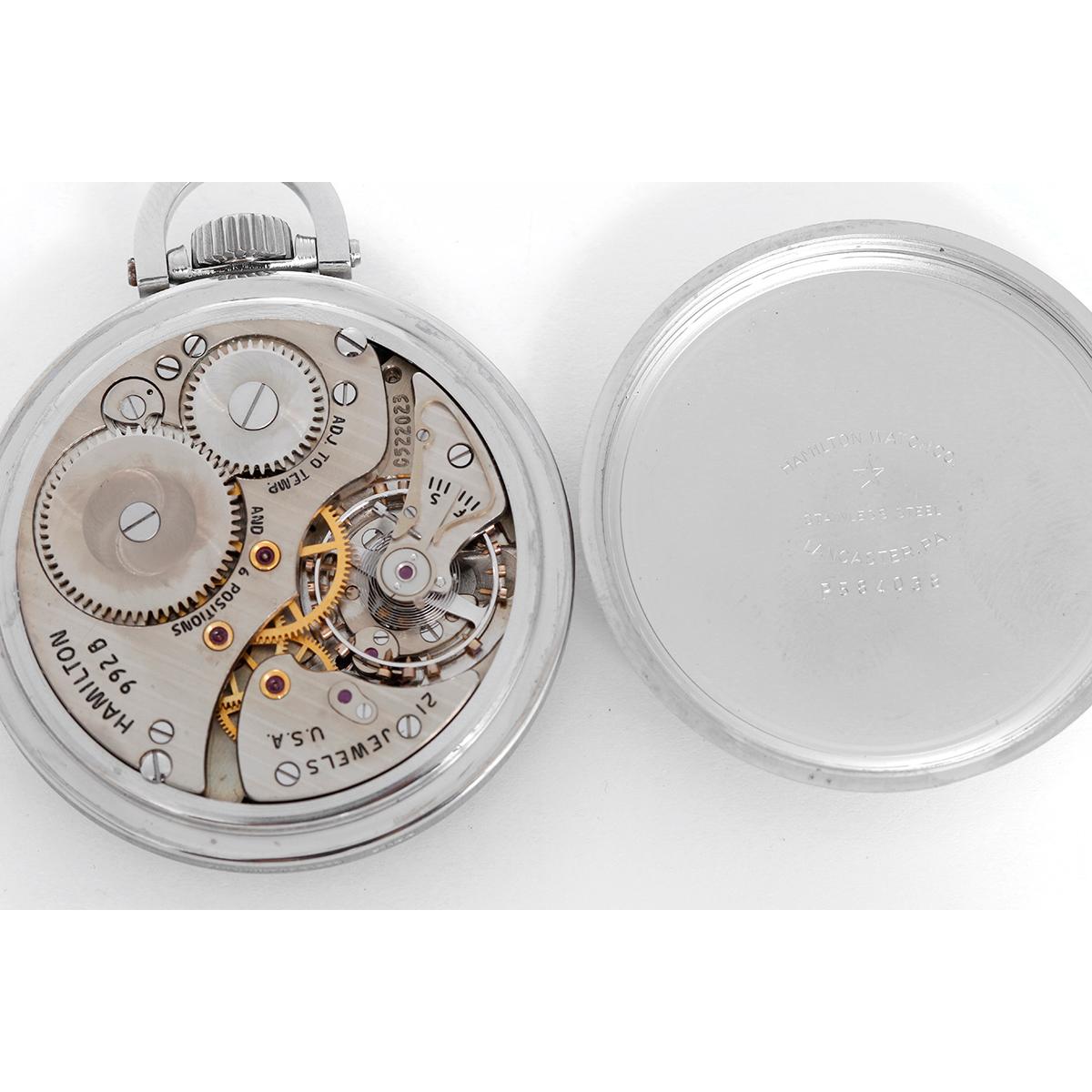 Hamilton Stainless Steel Railway Special Pocket Watch 922 B - Manual winding; 21 jewels.. Stainless steel case (50mm). White enamel Hamilton double sunk Montgomery dial, features ornate black Arabic hour numerals and block minute numerals. The dial