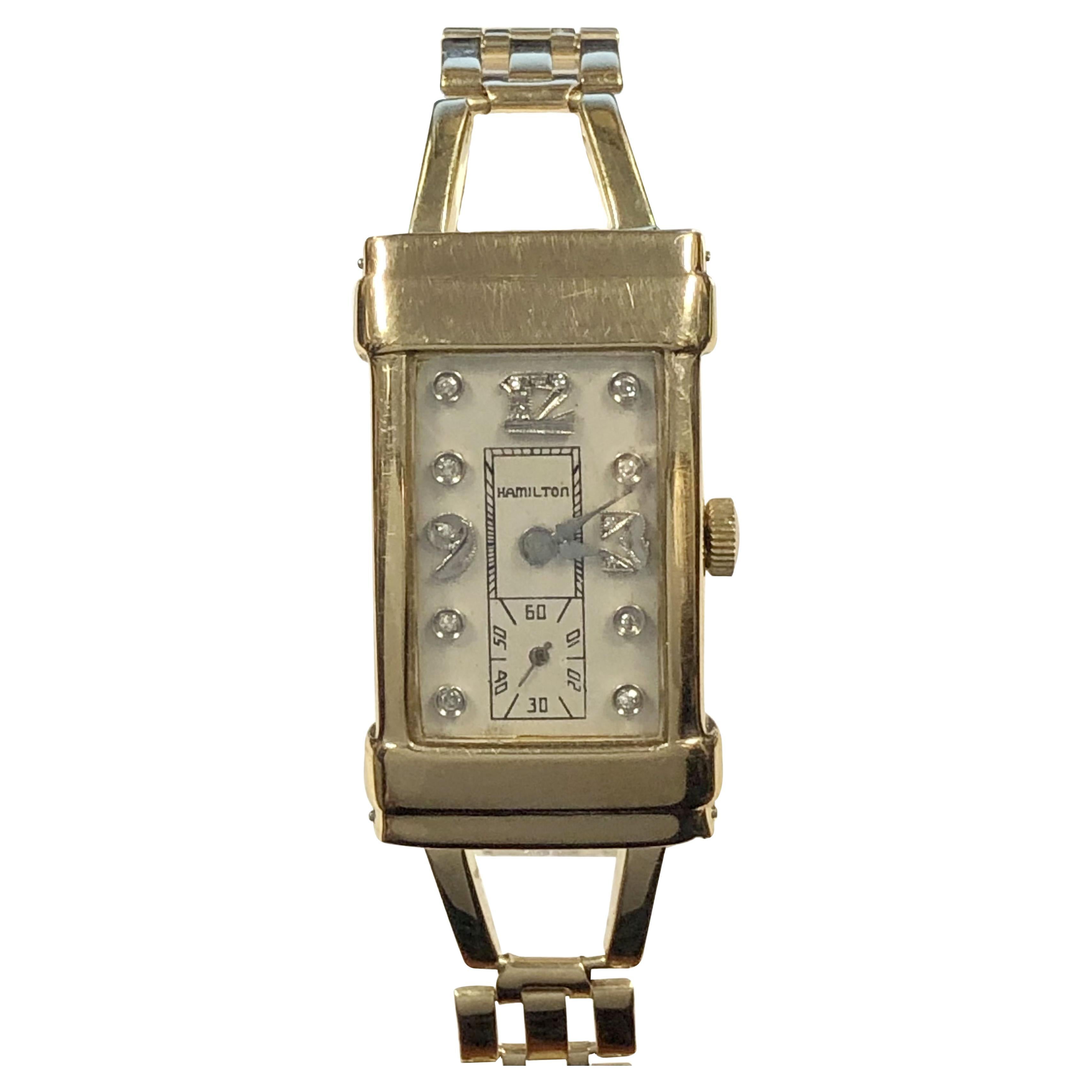 Hamilton Top Hat 1940s Gold and Diamond Dial Wrist Watch For Sale