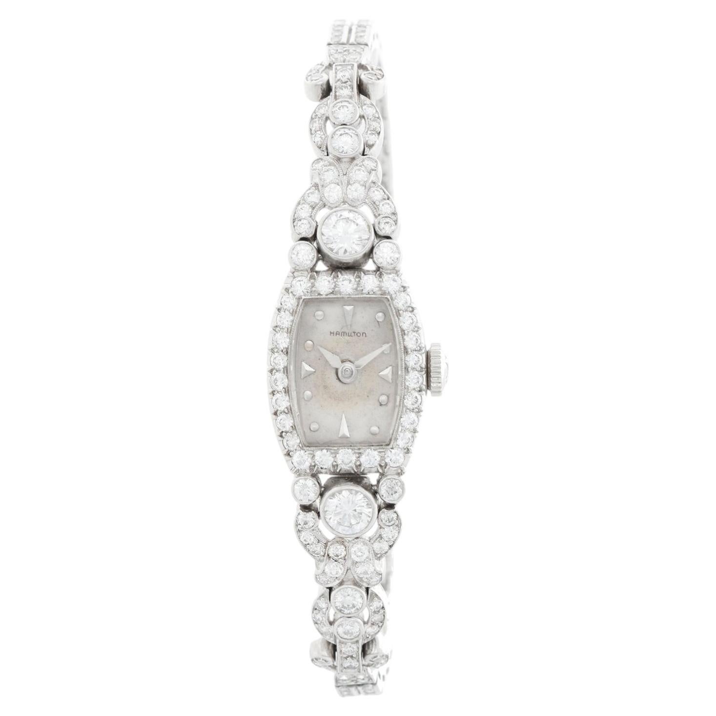 Hamilton Vintage 1950's Ladies Platinum Diamond Watch For Sale