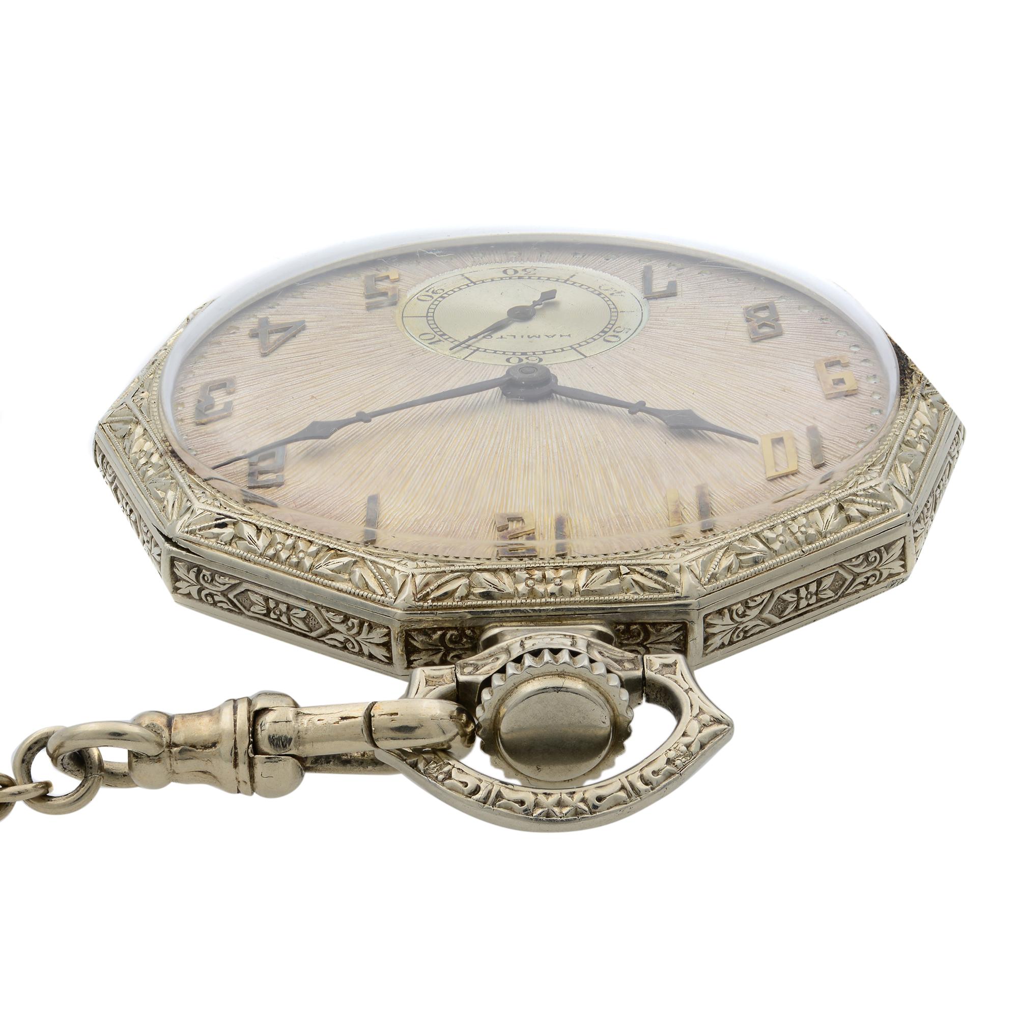 Hamilton Vintage Open Face 14 Karat White Gold Manual Wind Men’s Pocket Watch In Good Condition In New York, NY