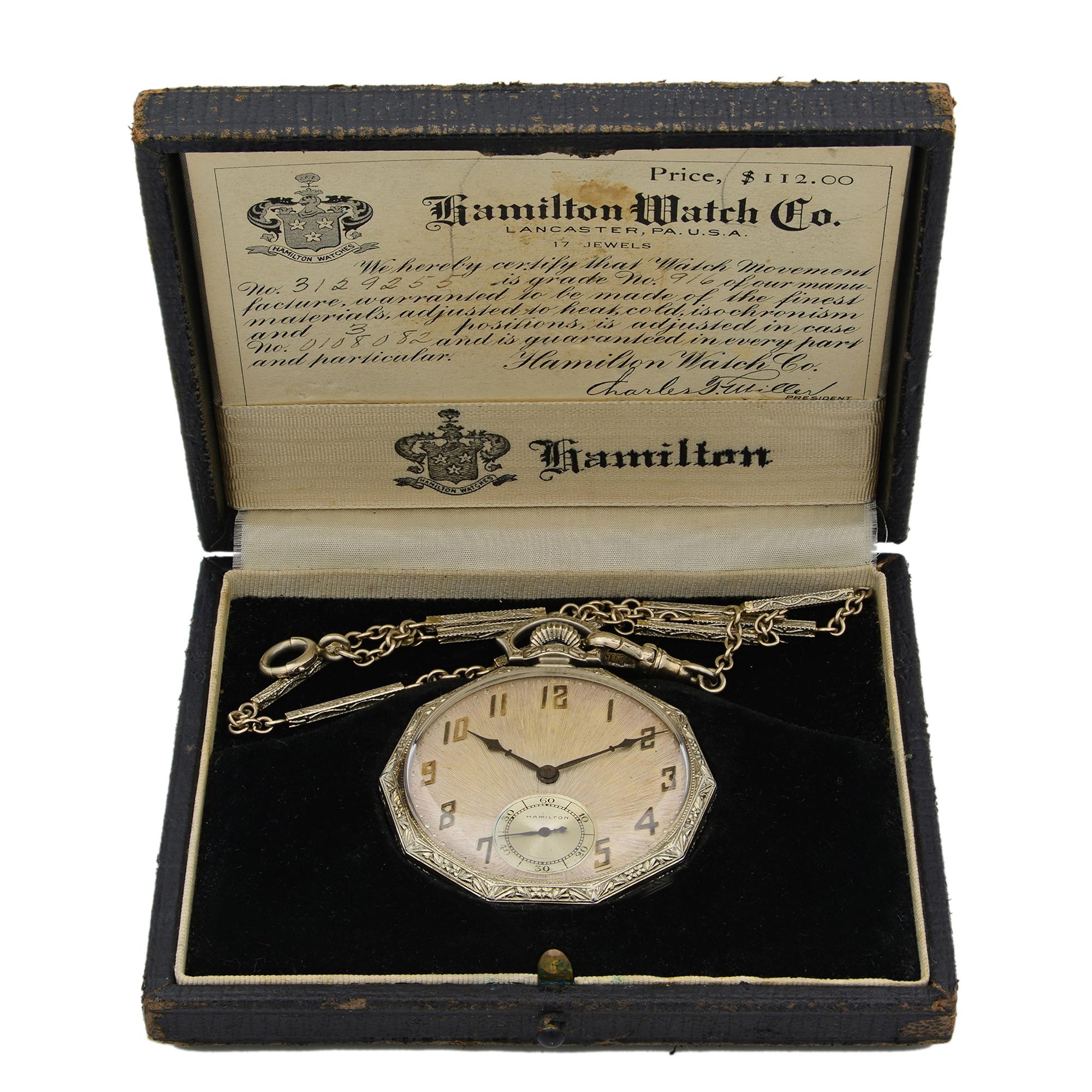 Men's Hamilton Vintage Open Face 14 Karat White Gold Manual Wind Men’s Pocket Watch