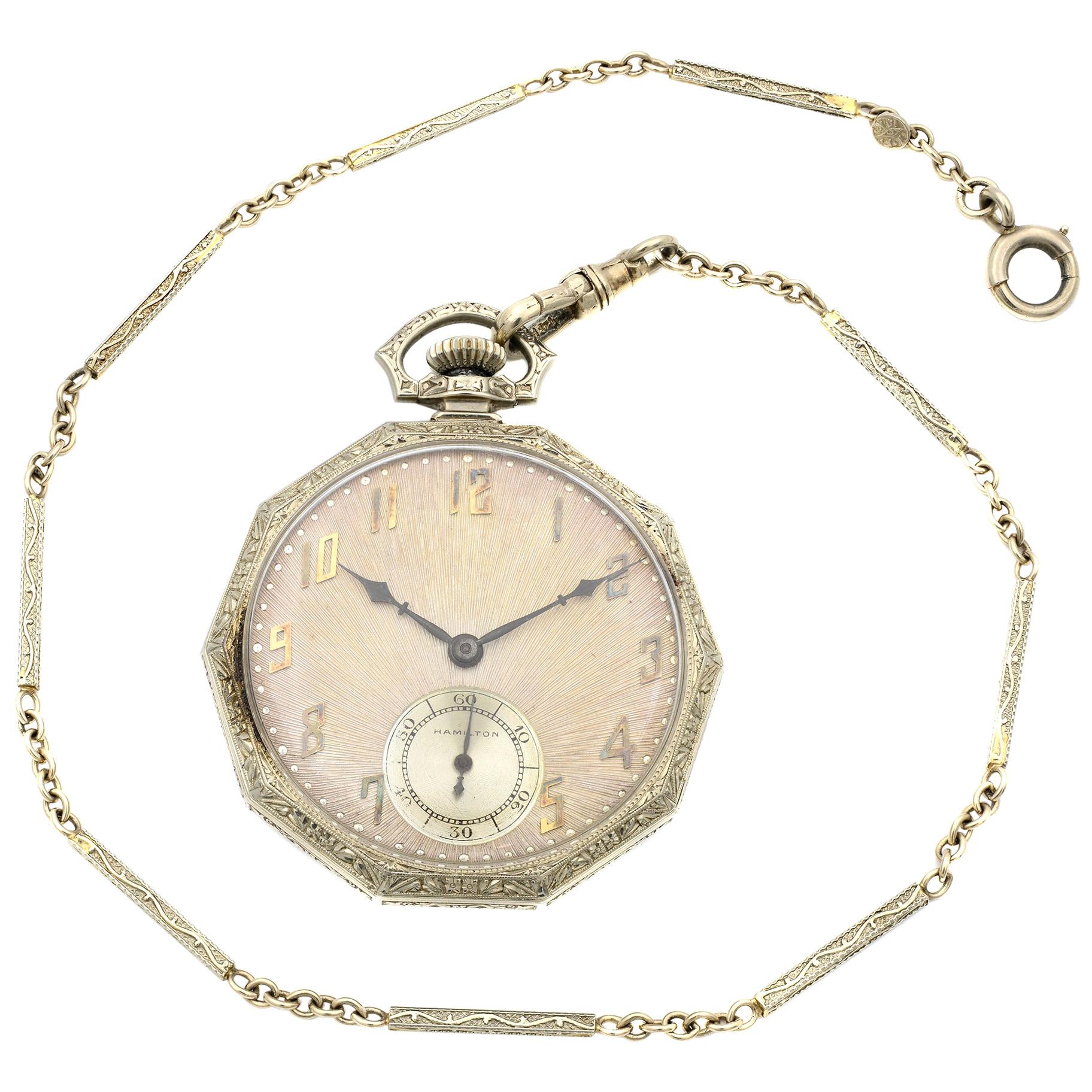 Hamilton Vintage Open Face 14 Karat White Gold Manual Wind Men’s Pocket Watch