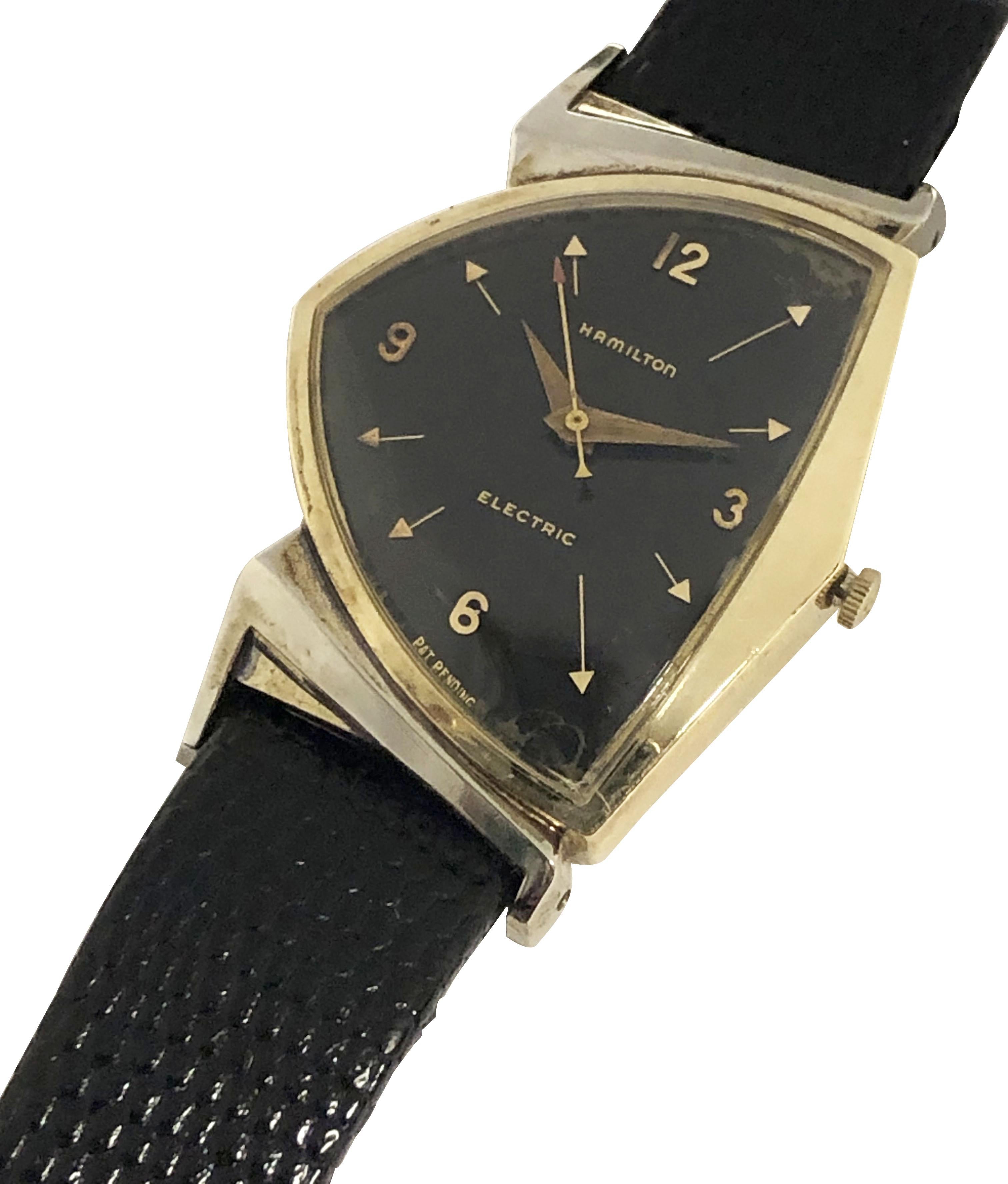 Circa 1960 Hamilton Pacer Wrist Watch 45 M.M  X  32 M.M. 10k Gold Filled two piece case. Hamilton 500 Electric Movement, Original Black Dial with Raised and Painted markers. New Black Lizard grain strap. Recently reconditioned and serviced by one of