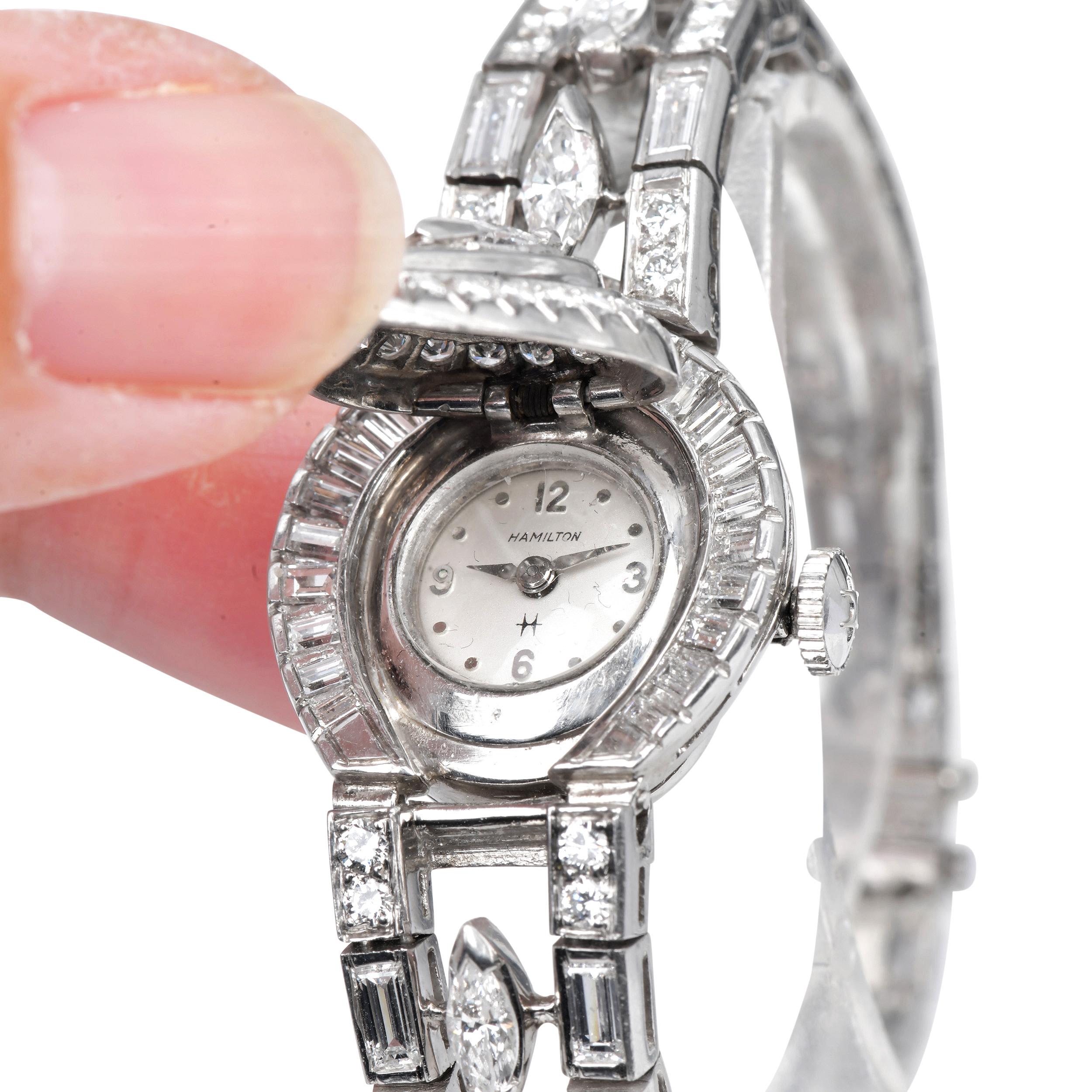 Reloj de pulsera de cóctel Hamilton Vintage de platino con diamantes ocultos en Excelente estado para la venta en Miami, FL