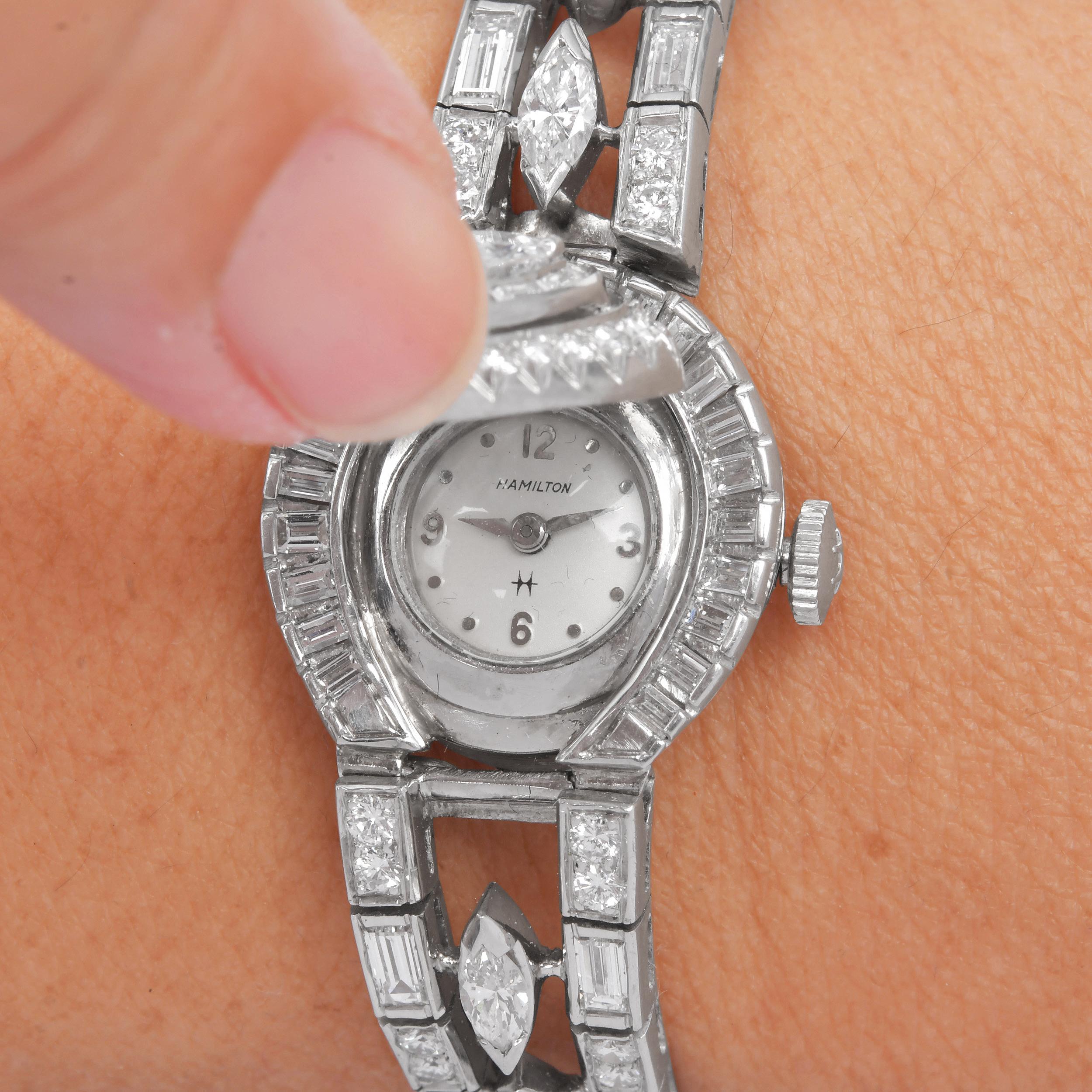 Reloj de pulsera de cóctel Hamilton Vintage de platino con diamantes ocultos en venta 3