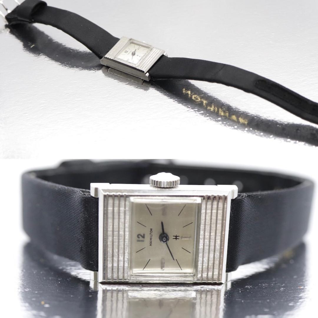 HAMILTON Watch. 14k White Gold Rectangle Ladies Hamilton mechanical wristwatch. 3