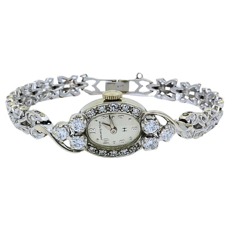 Hamilton Montre-bracelet rétro pour femmes avec diamants en or blanc 14 carats Pour femmes en vente