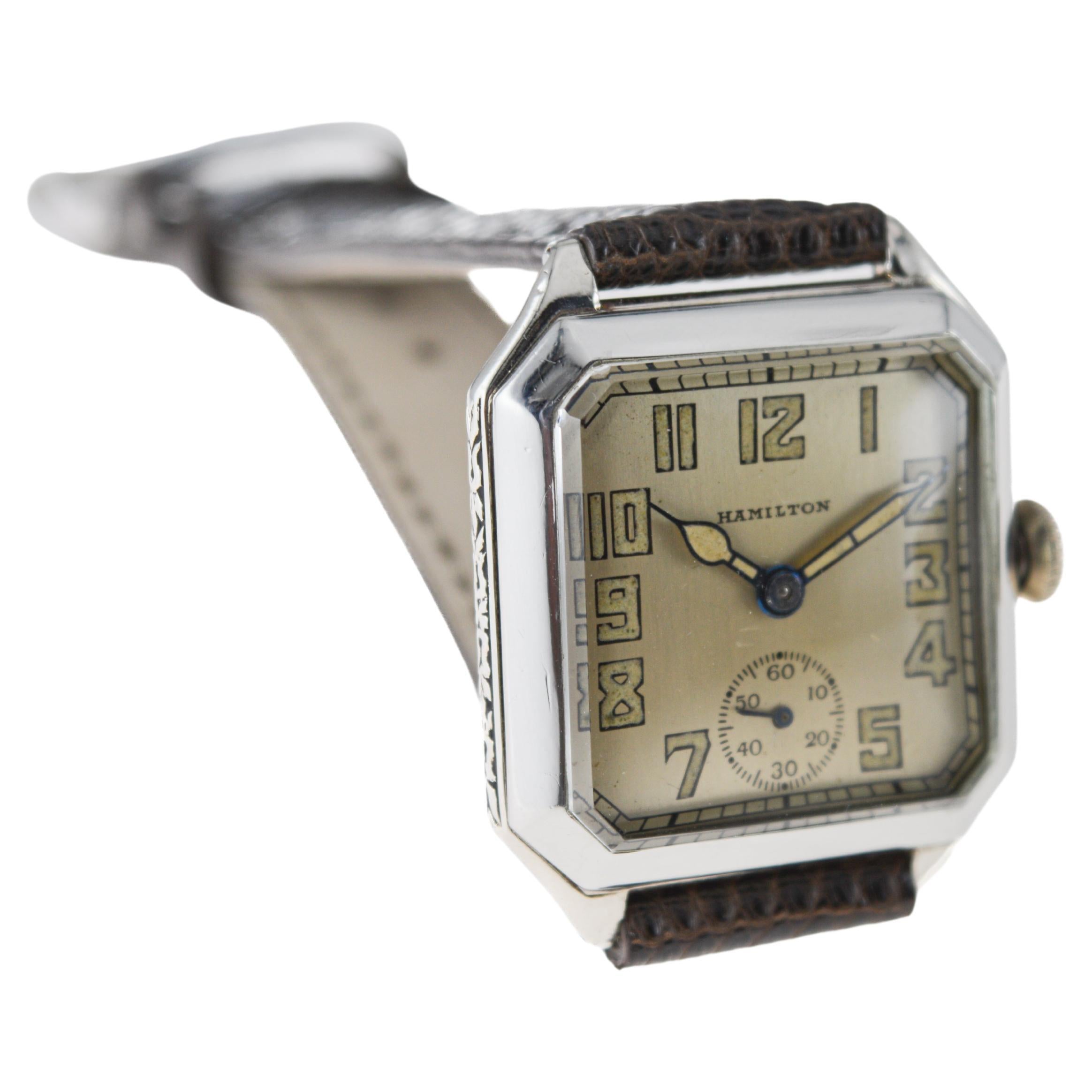Women's or Men's Hamilton White Gold Filled Art Deco Watch circa 1931 with Original Dial & Hands For Sale
