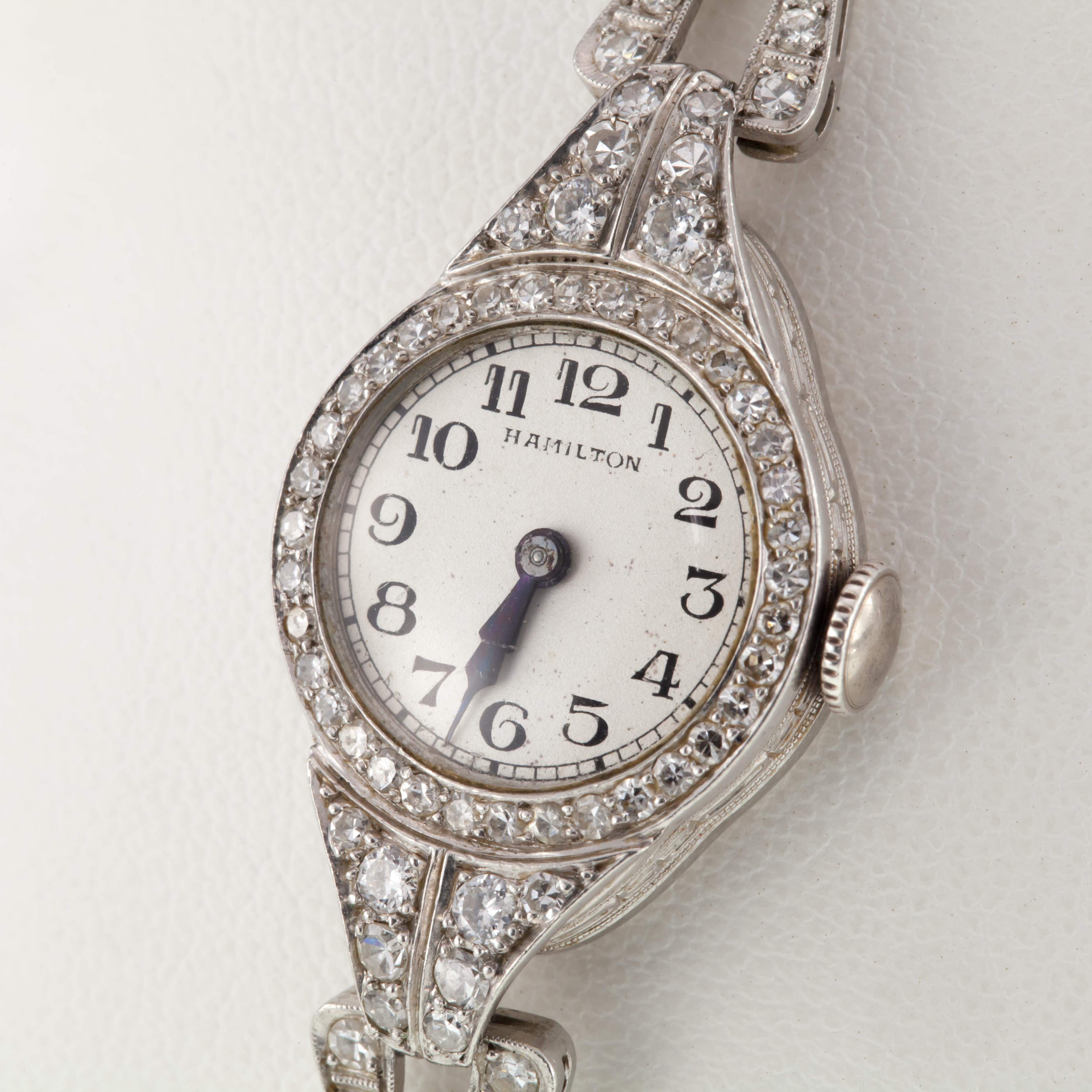 Hamilton Damenkleid Hand-Winding Platin Uhr 3 Karat Diamant Milgrain (Art déco) im Angebot