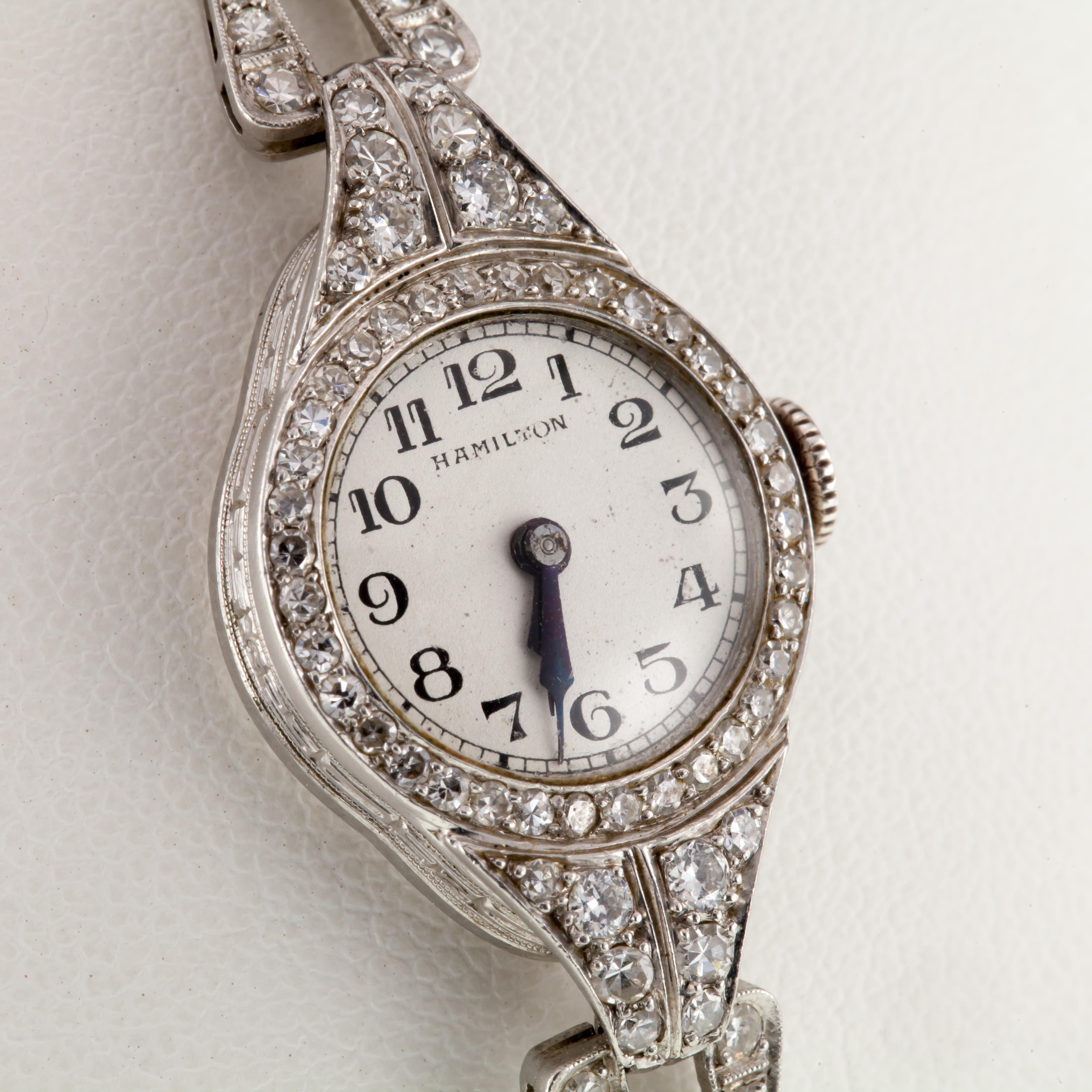 Art Deco Hamilton Women's Dress Hand-Winding Platinum Watch 3 Cts Diamond Milgrain