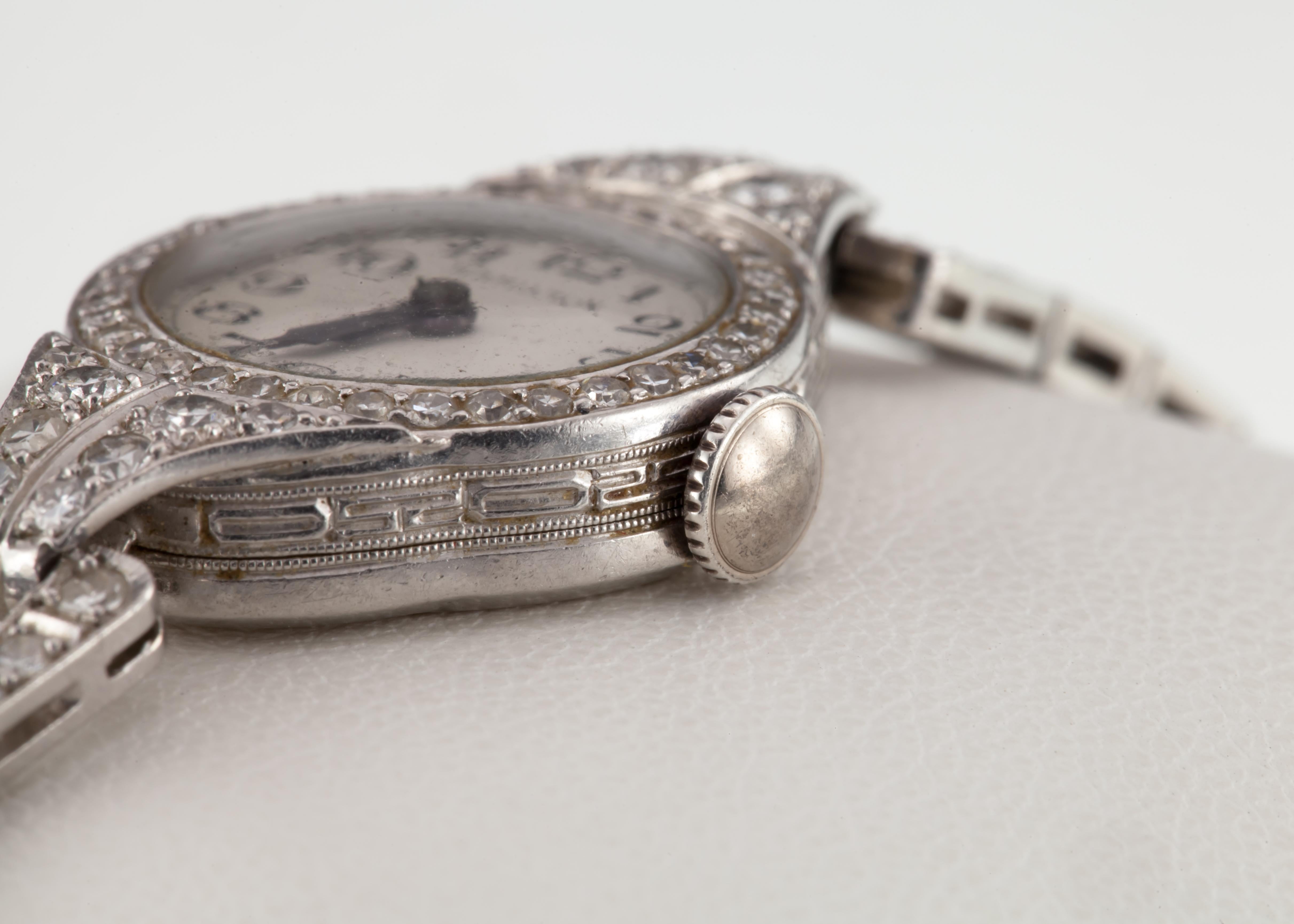 Hamilton Women's Dress Hand-Winding Platinum Watch 3 Cts Diamond Milgrain In Good Condition For Sale In Sherman Oaks, CA
