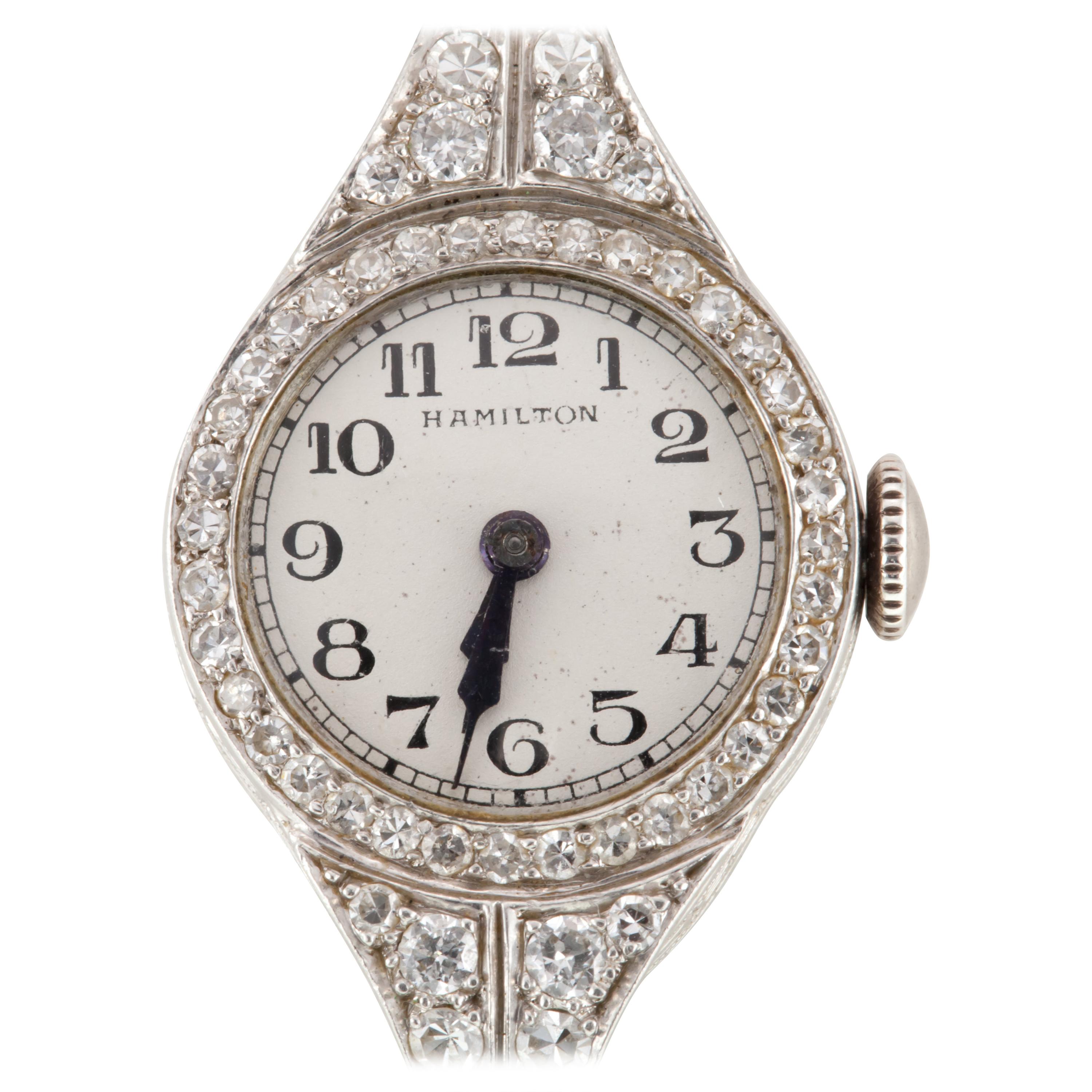 Hamilton Damenkleid Hand-Winding Platin Uhr 3 Karat Diamant Milgrain