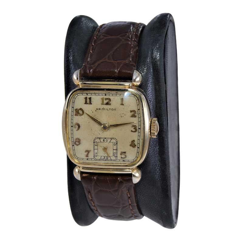 Hamilton Yellow Gold Filled Art Deco Cushion Shaped Watch from 1940 s