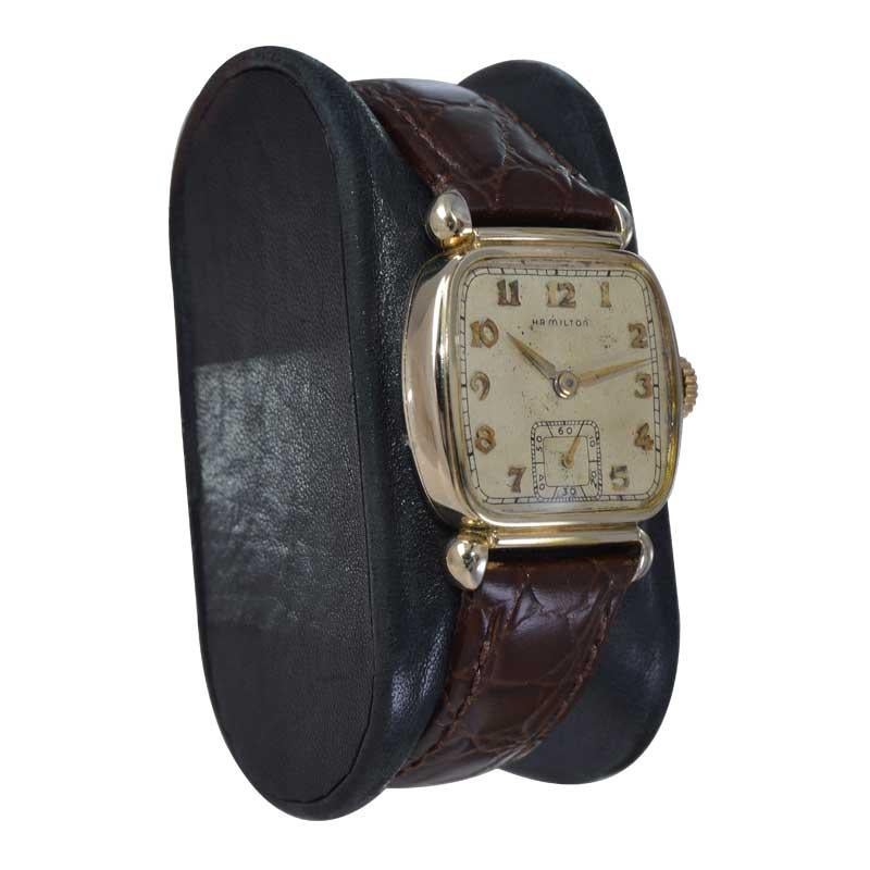 Hamilton Yellow Gold Filled Art Deco Cushion Shaped Watch from 1940's In Excellent Condition In Long Beach, CA