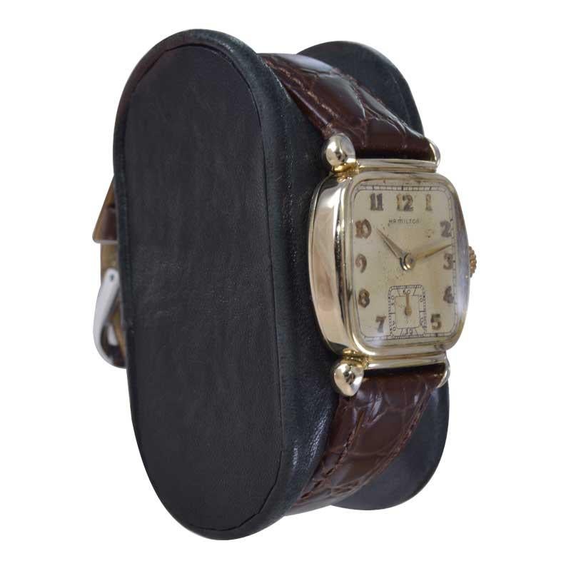 Women's or Men's Hamilton Yellow Gold Filled Art Deco Cushion Shaped Watch from 1940's