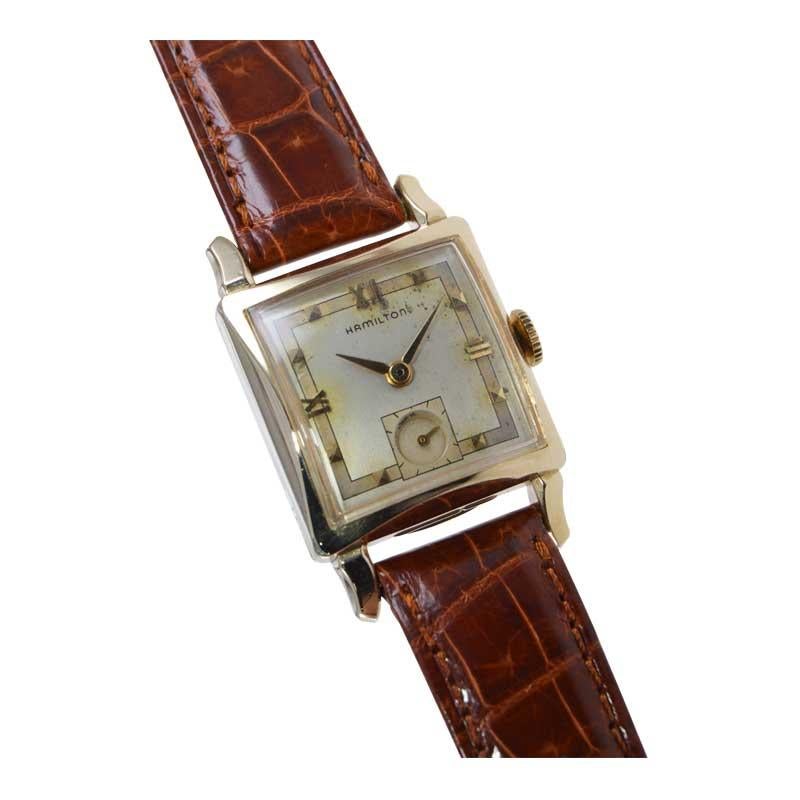 Hamilton Yellow Gold Filled Art Deco Tank Style Wristwatch, circa 1950's In Excellent Condition For Sale In Long Beach, CA
