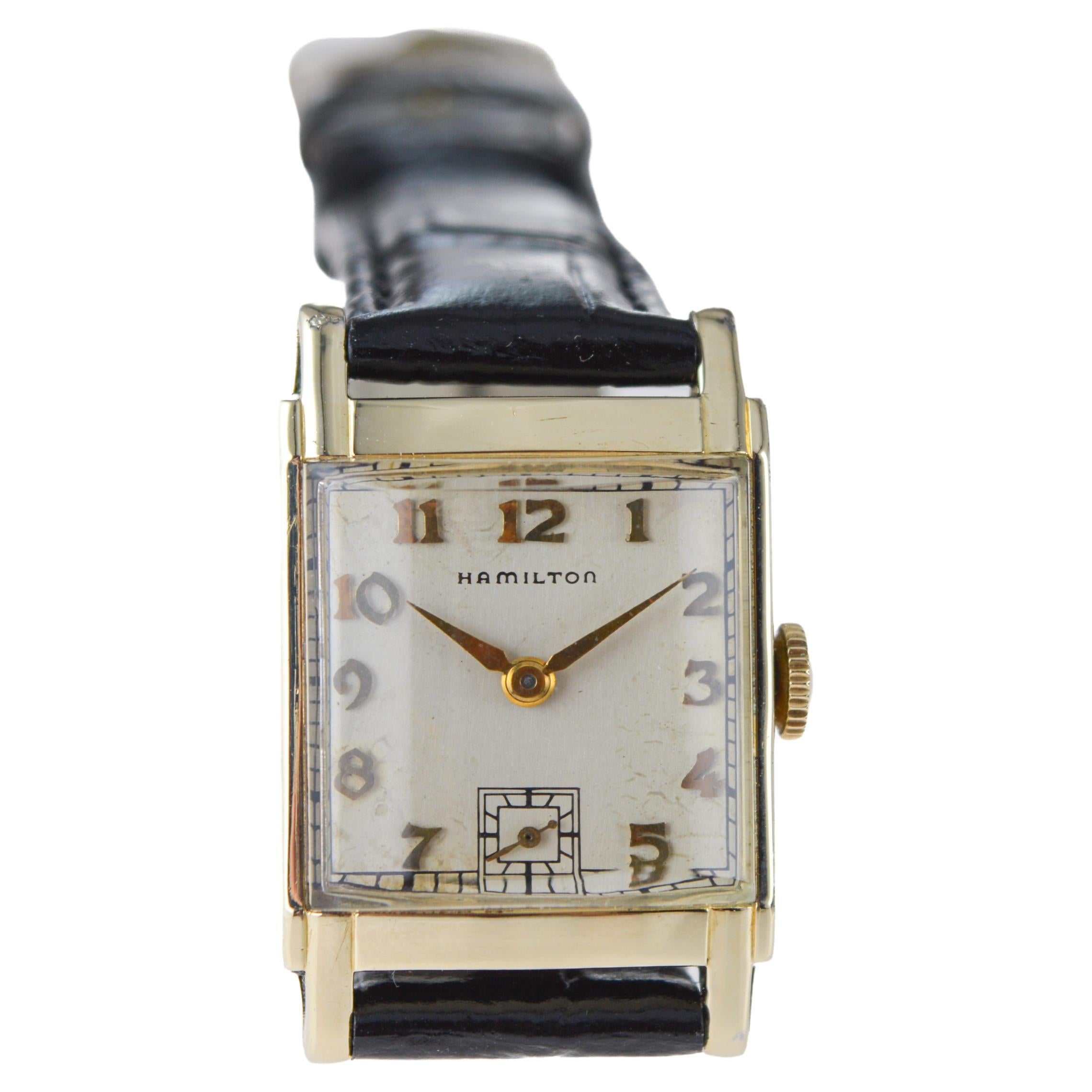 Hamilton Yellow Gold Filled Art Deco Tank Watch with Original Dial Early 40's For Sale 7