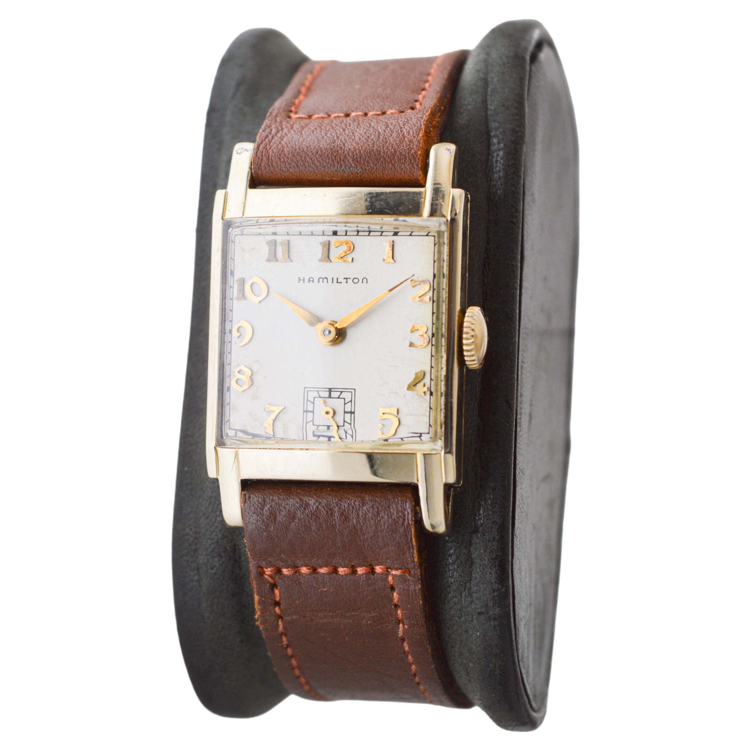 Women's or Men's Hamilton Yellow Gold Filled Art Deco Tank Watch with Original Dial Early 40's For Sale