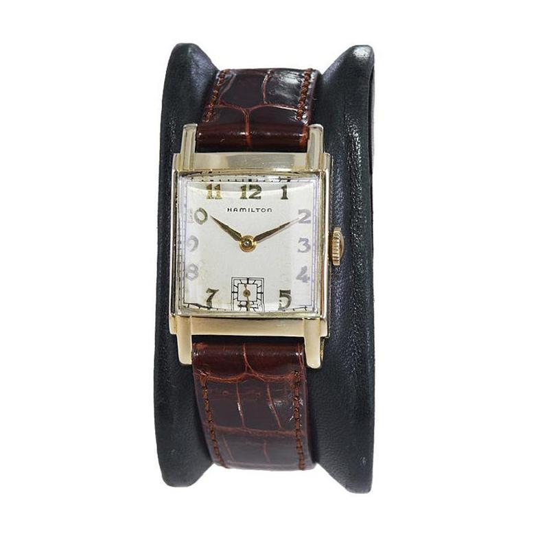 Women's or Men's Hamilton Yellow Gold Filled Art Deco Tank Watch with Original Dial Early 40's For Sale