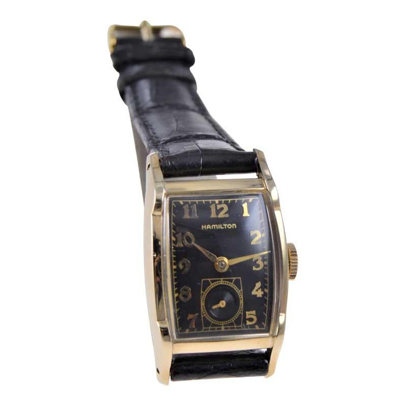 Hamilton Yellow Gold Filled Deco Style Tonneau with Rare Original Dial 1950 In Excellent Condition In Long Beach, CA