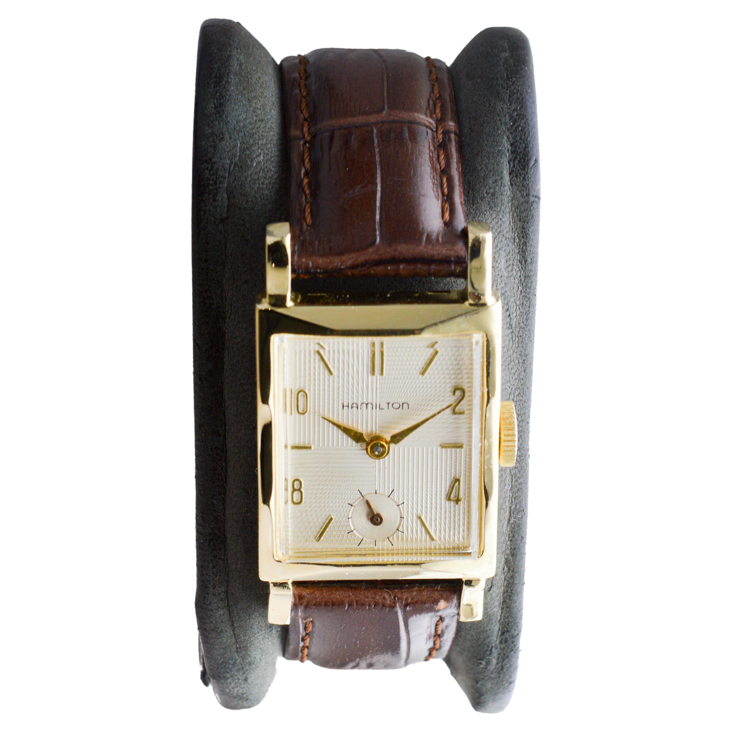 Hamilton Yellow Gold Filled Art Deco Watch circa 1940's with Unique Dial For Sale 1