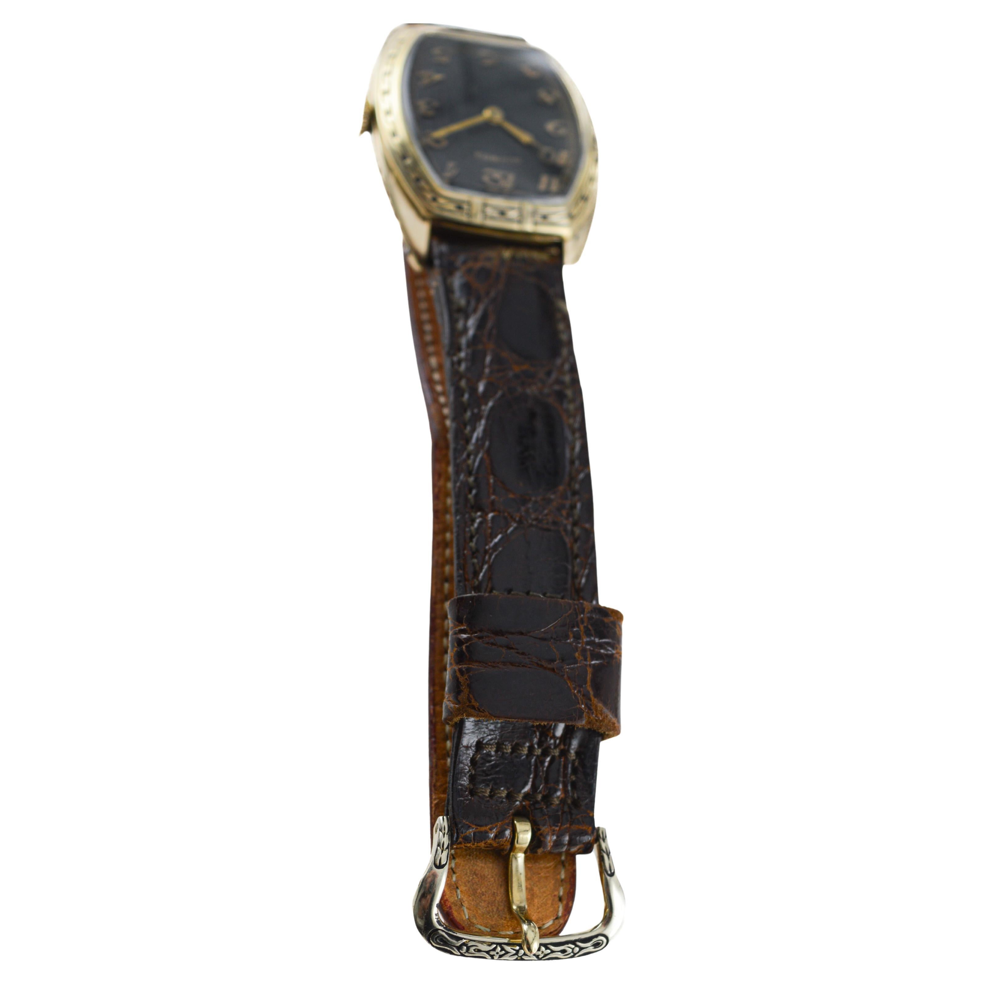 Hamilton Yellow Gold Filled Deco Style Tonneau with Rare Original Dial 1950 For Sale 10