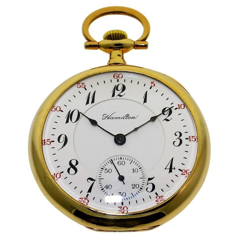 Hamilton Yellow Gold Filled Enamel Dial Open Faced Pocket Watch, circa