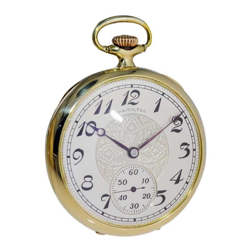 Hamilton Yellow Gold Filled Open Faced Enamel Dial Railroad Pocket Watch, 1940s For Sale 2