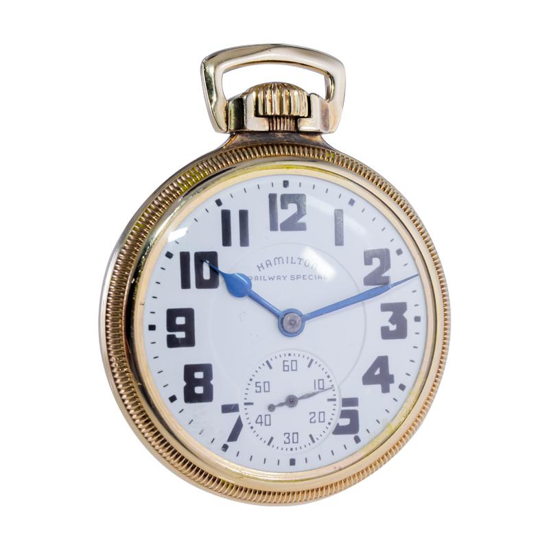 Hamilton Yellow Gold Filled Open Faced Enamel Dial Railroad Pocket Watch 1940's In Excellent Condition In Long Beach, CA