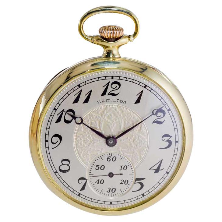 Hamilton Yellow Gold Filled Open Faced Enamel Dial Railroad Pocket Watch, 1940s In Good Condition In Long Beach, CA