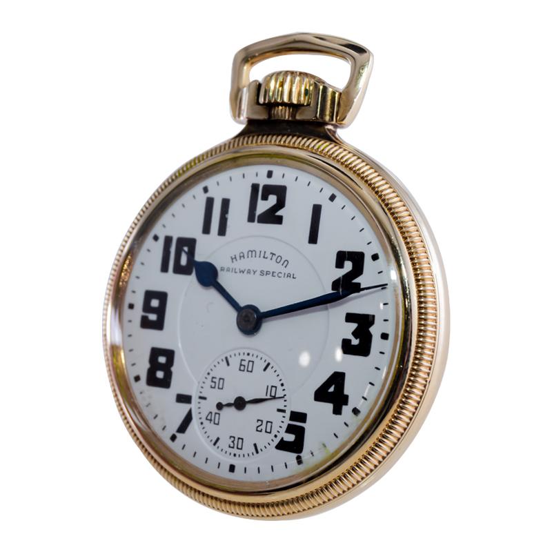 Hamilton Yellow Gold Filled Open Faced Enamel Dial Railroad Pocket Watch 1940's 1