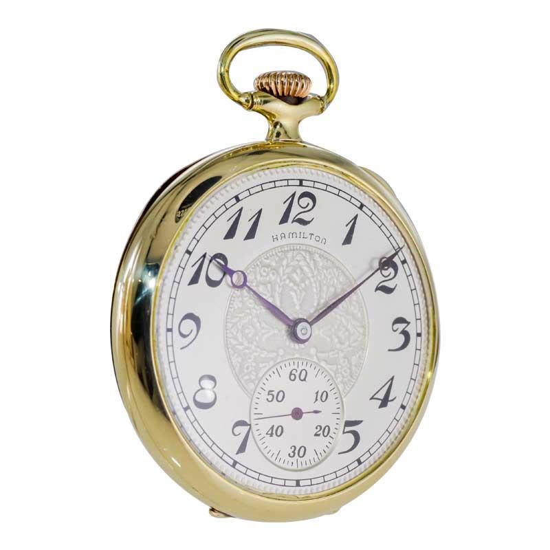 Modern Hamilton Yellow Gold Filled Open Faced Enamel Dial Railroad Pocket Watch, 1940s For Sale