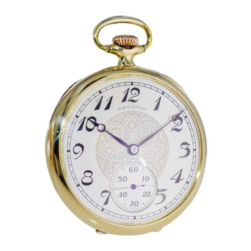Hamilton Yellow Gold Filled Open Faced Enamel Dial Railroad Pocket Watch, 1940s In Good Condition For Sale In Long Beach, CA