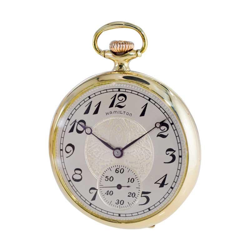 Hamilton Yellow Gold Filled Open Faced Enamel Dial Railroad Pocket Watch, 1940s For Sale 1