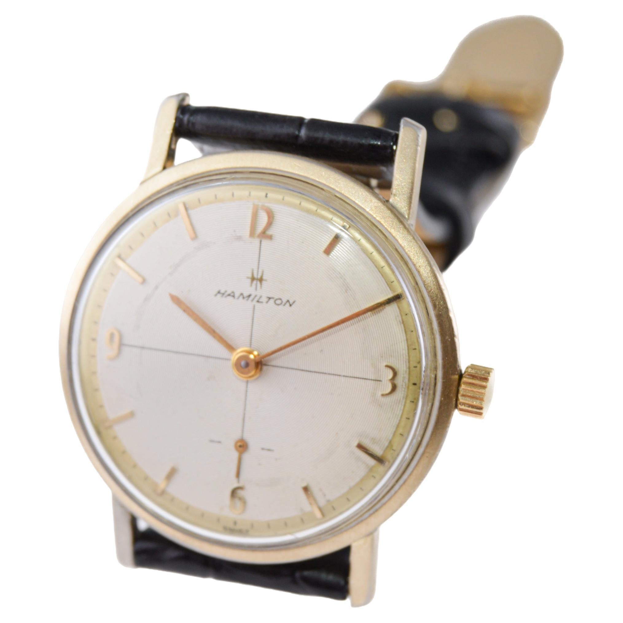 Modernist Hamilton Yellow Gold Filled Round Dress Watch with Original Dial 1950's For Sale